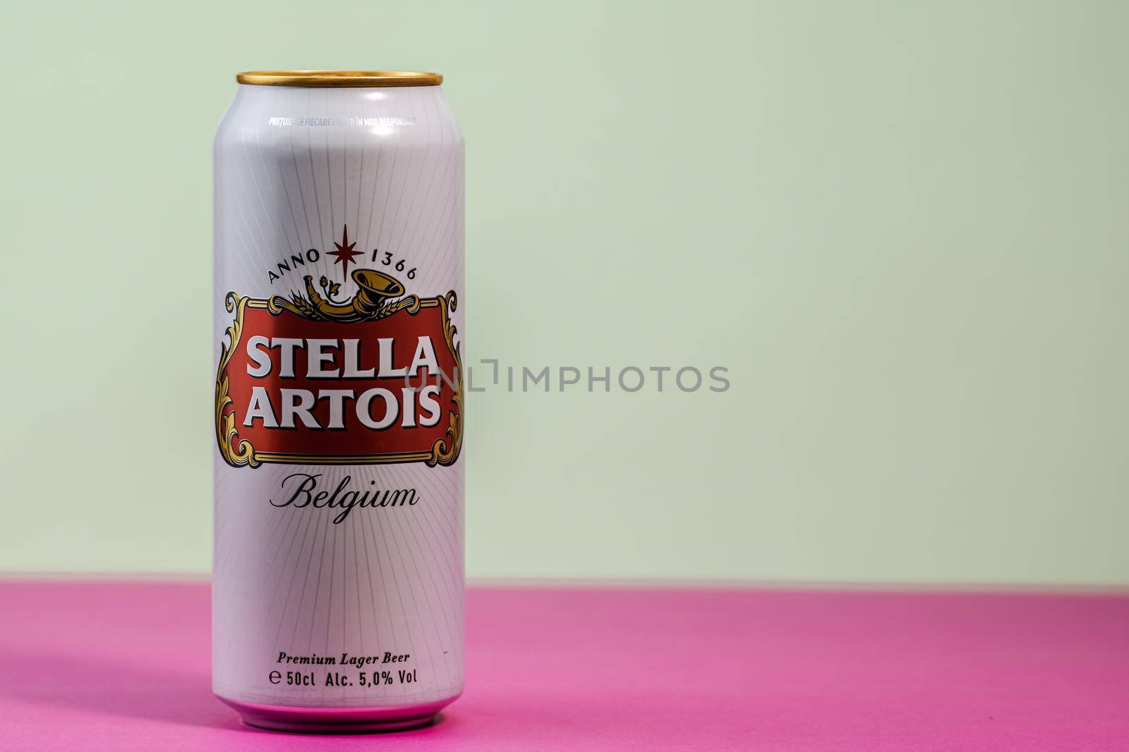 Great Belgium beer - Stella Artois. Belgium Premium Lager beer can. Studio photo shoot in Bucharest, Romania, 2020