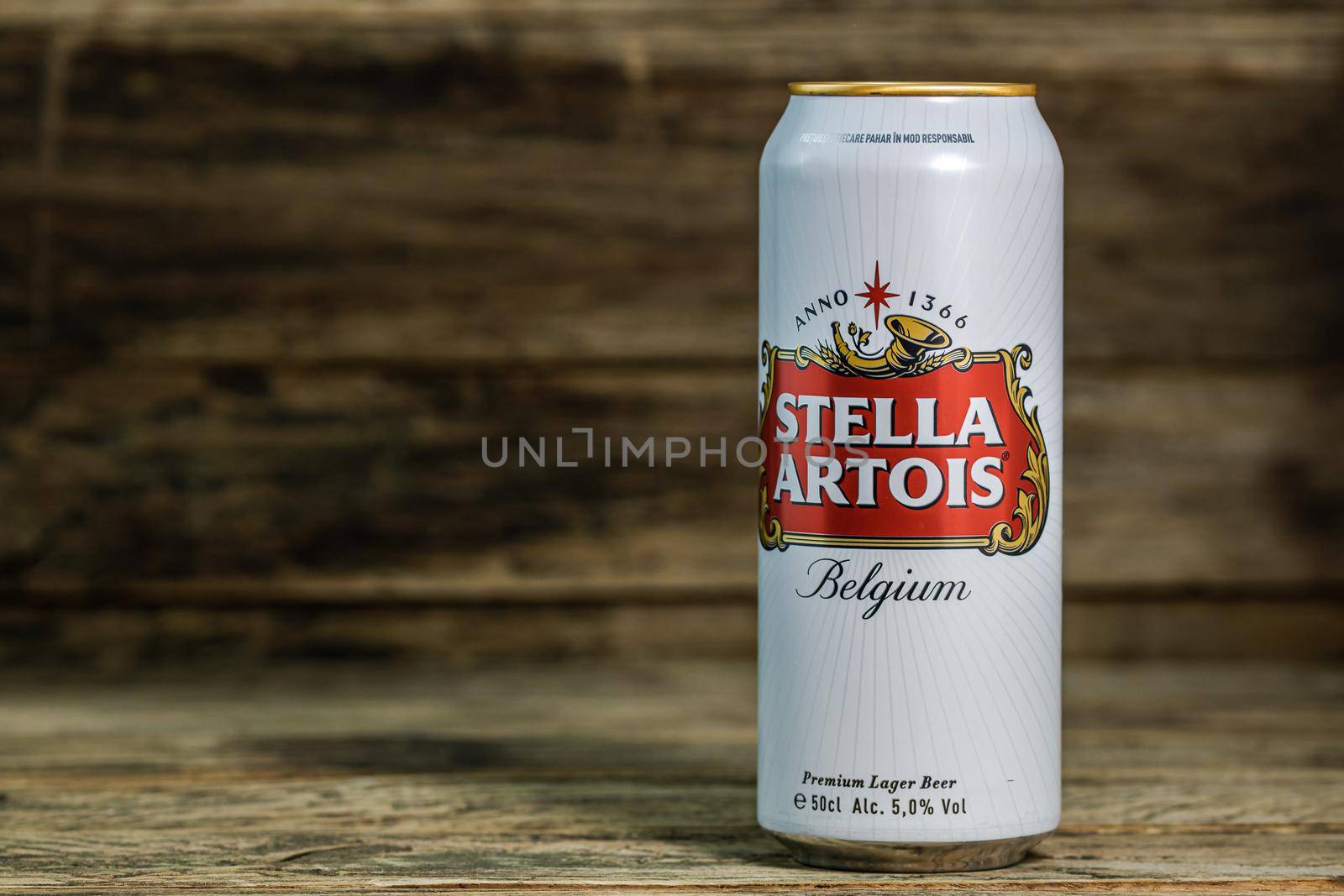 Great Belgium beer - Stella Artois. Belgium Premium Lager beer can. Studio photo shoot in Bucharest, Romania, 2020 by vladispas