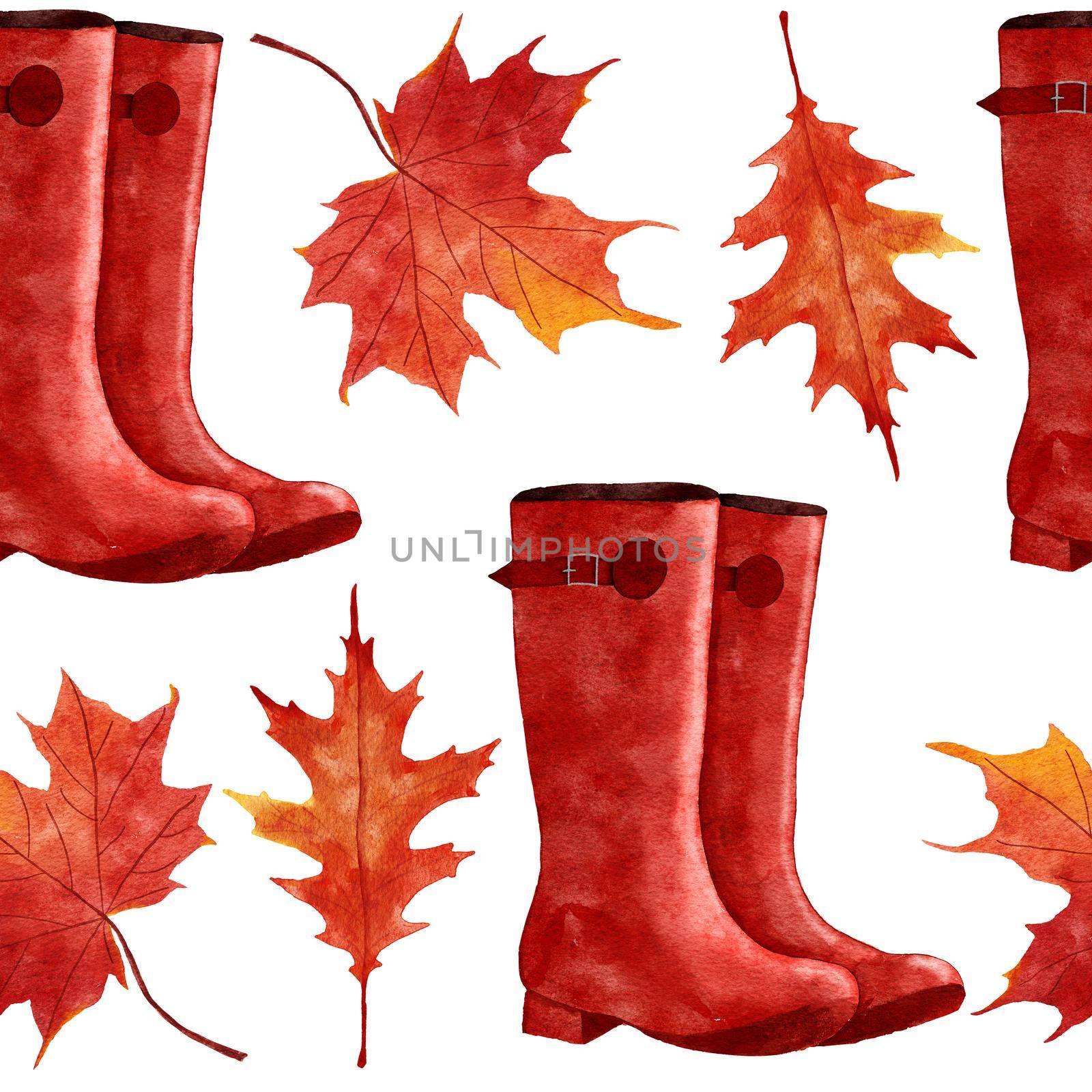 Watercolor hand drawn seamless pattern with Wellington boots, red orange yellow fall autumn leaves, maple oak vine leaf. October september thanksgiving background with forest wood berries