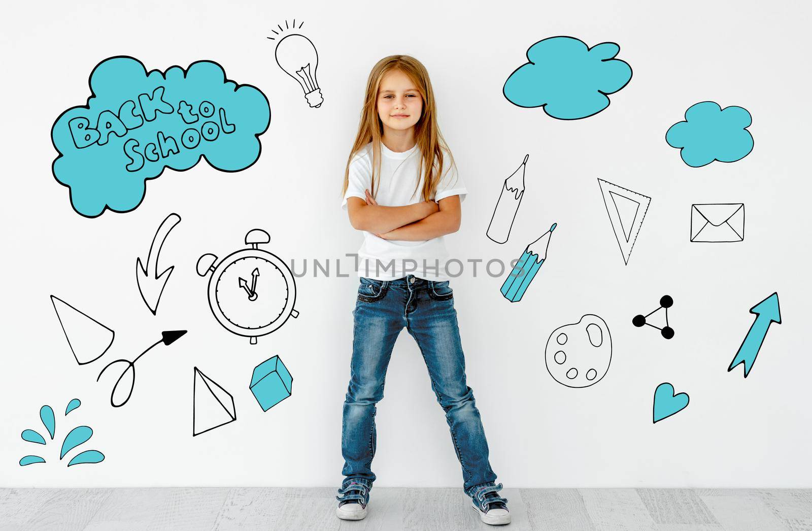 Preteen girl with graphic paintings of school elements as concept of knowledge and education. Schollchild person with drawn backpack, globe and envelope as symbol of creativity