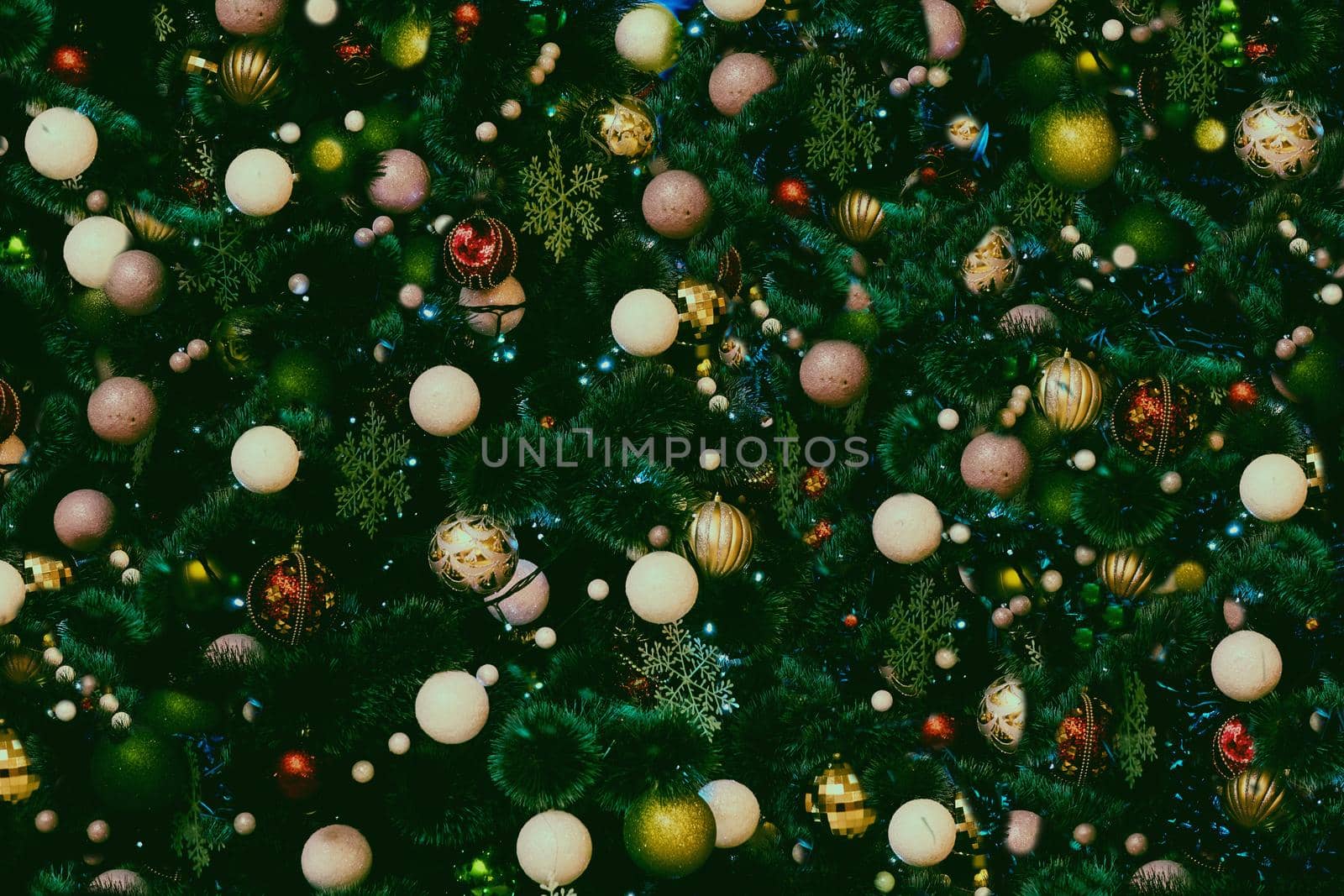 Background with New Year toys and branches of a christmas tree by jovani68