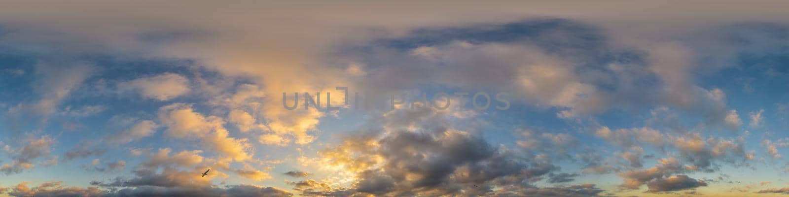 Dark blue sunset sky panorama with pink Cumulus clouds. Seamless hdr 360 pano in spherical equirectangular format. Full zenith for 3D visualization, game, sky replacement for aerial drone panoramas