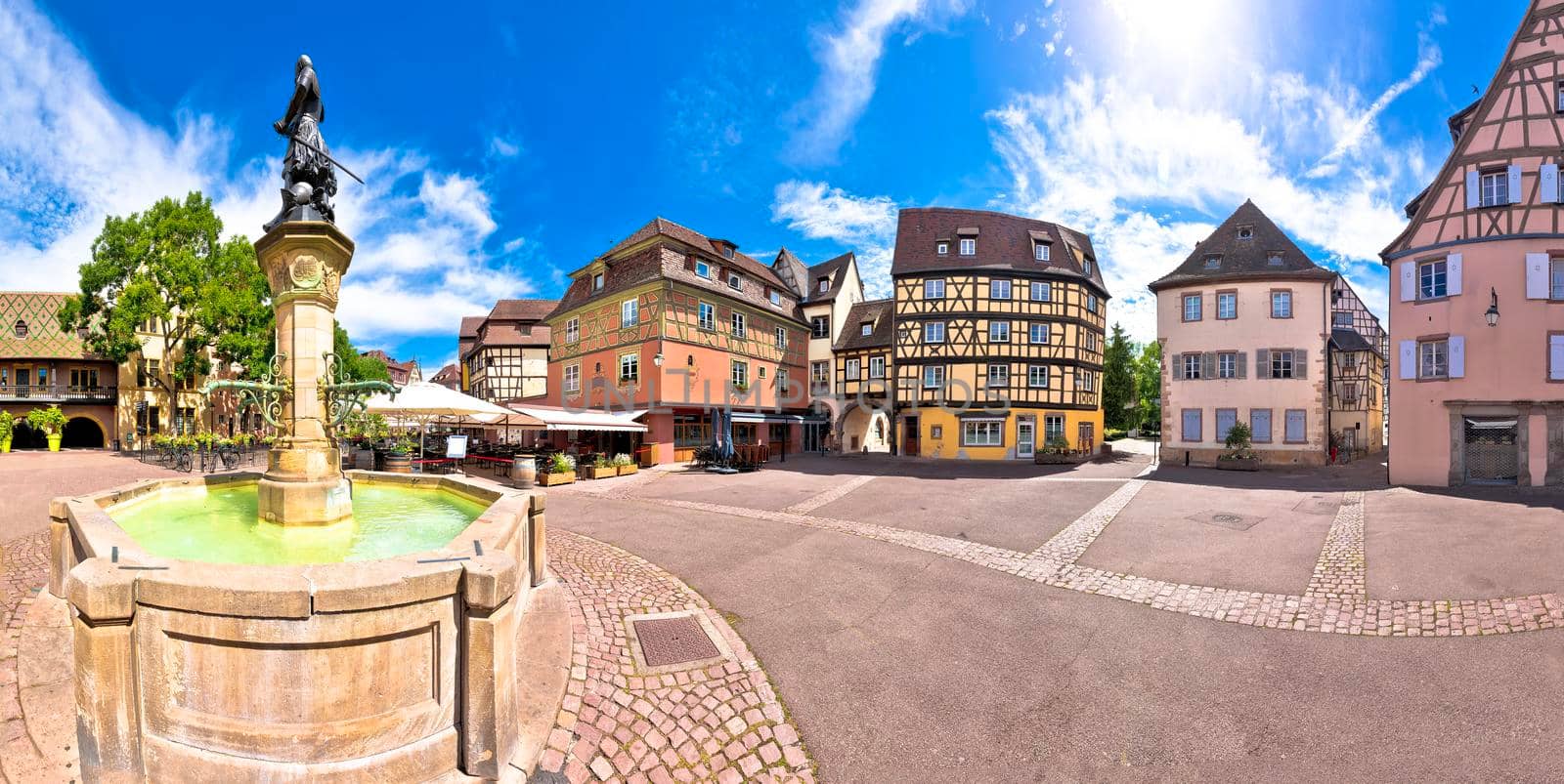 Colorful historic town of Colmar square and fountain panoramic view, Alsace region of France