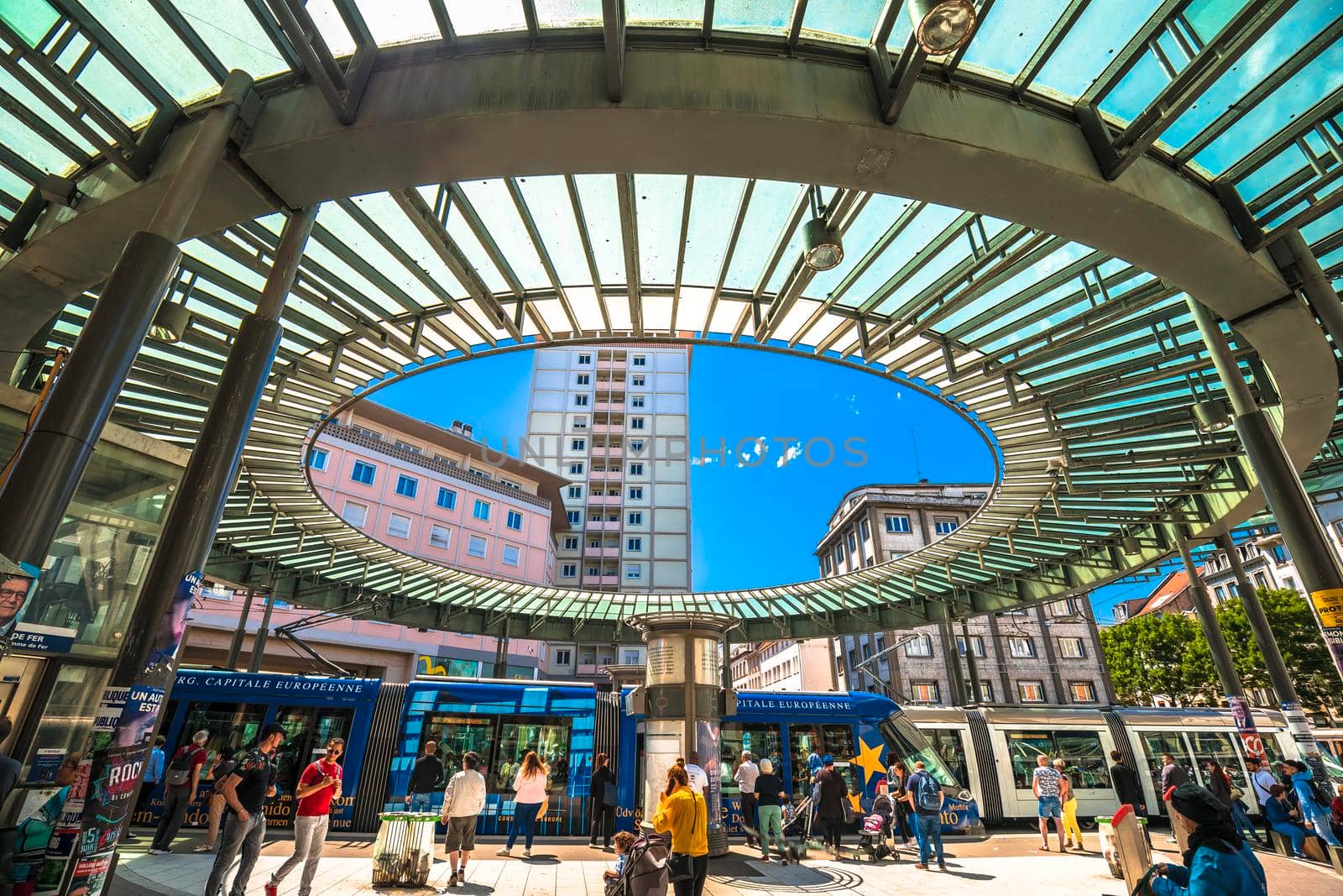 Strasbourg, France, June 10 2022: Homme de Fer square in Strasbourg street view, Central transport hub in historic old town.