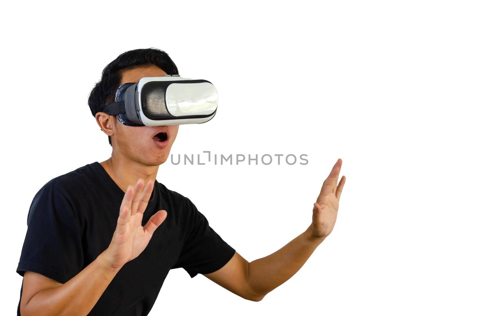 Virtual Experience. Excited Wearing VR Headset, Touching Air While Playing Video Game on white background. by aoo3771