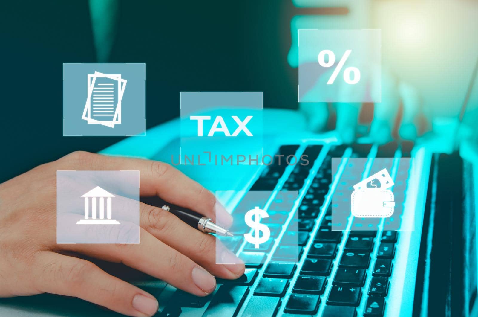 Man hand computer laptop virtual icon business tax. Business finance, investment and online tax payment. Technology concept on the Internet.