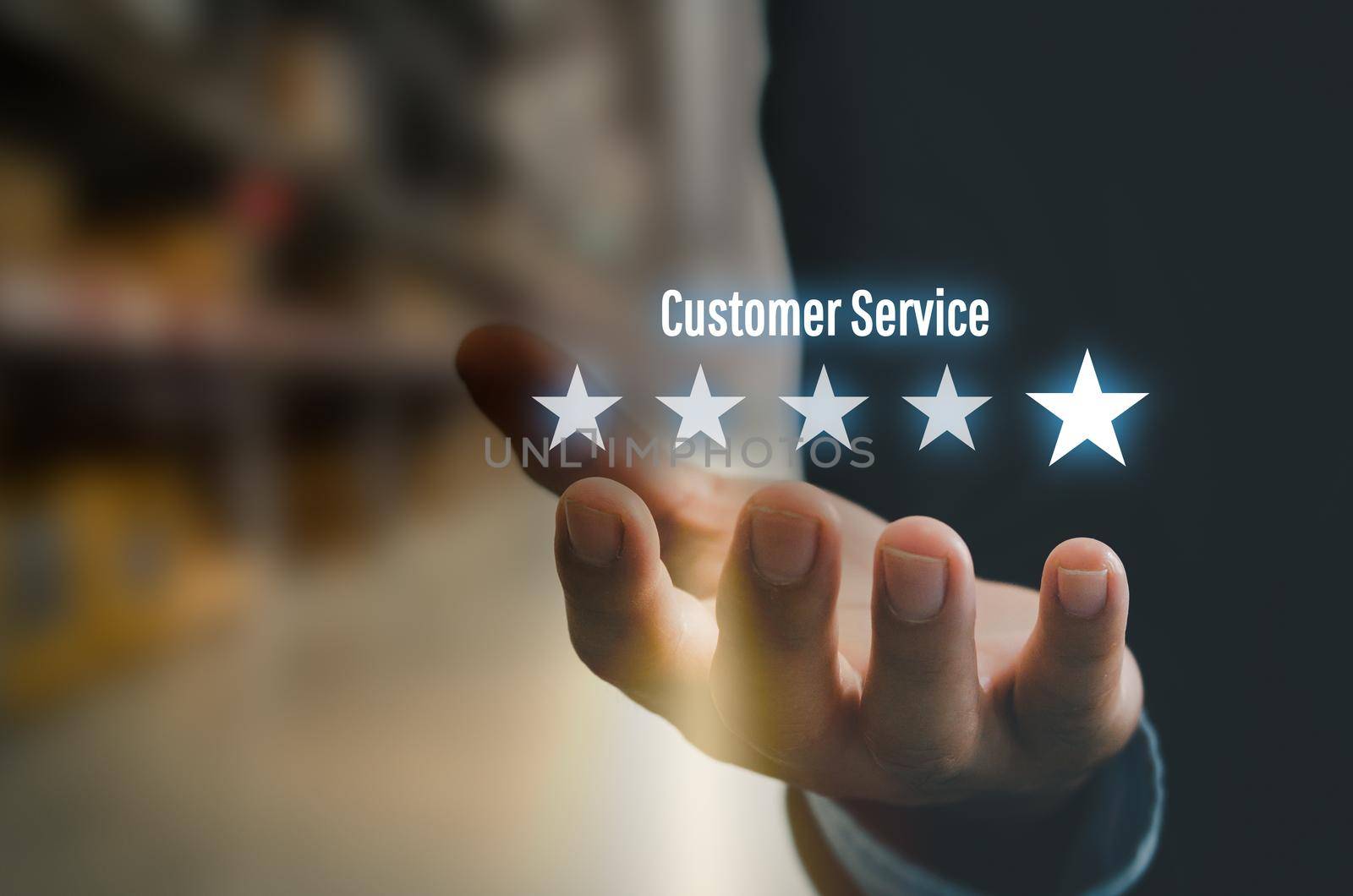 Customer service concept excellent for satisfaction five star rating with business man touch screen.positive thinking and customer feedback.