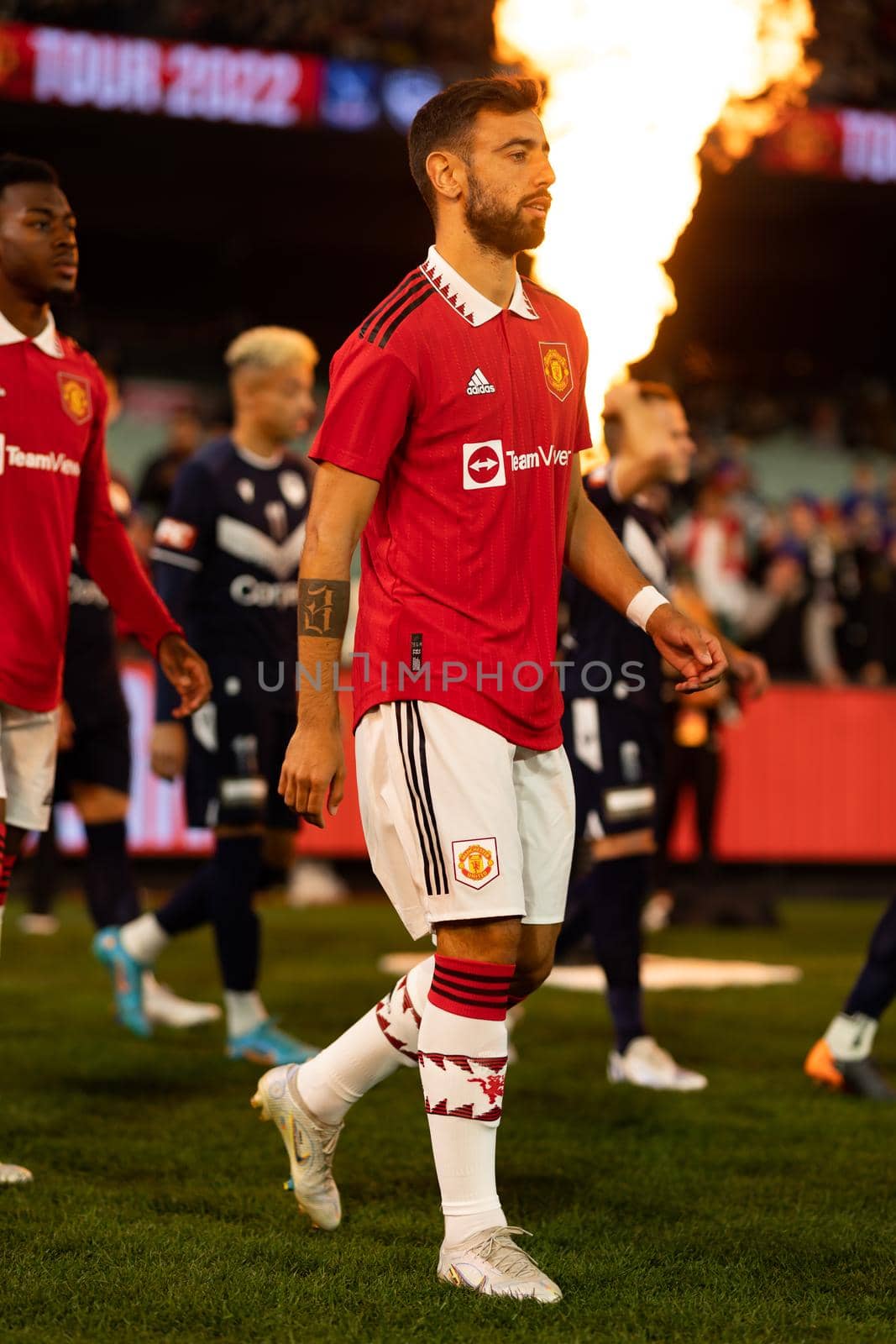MELBOURNE, AUSTRALIA - JULY 15: Bruno Fernandes of Manchester United enters the field before Melbourne Victory plays Manchester United in a pre-season friendly football match at the MCG on 15th July 2022