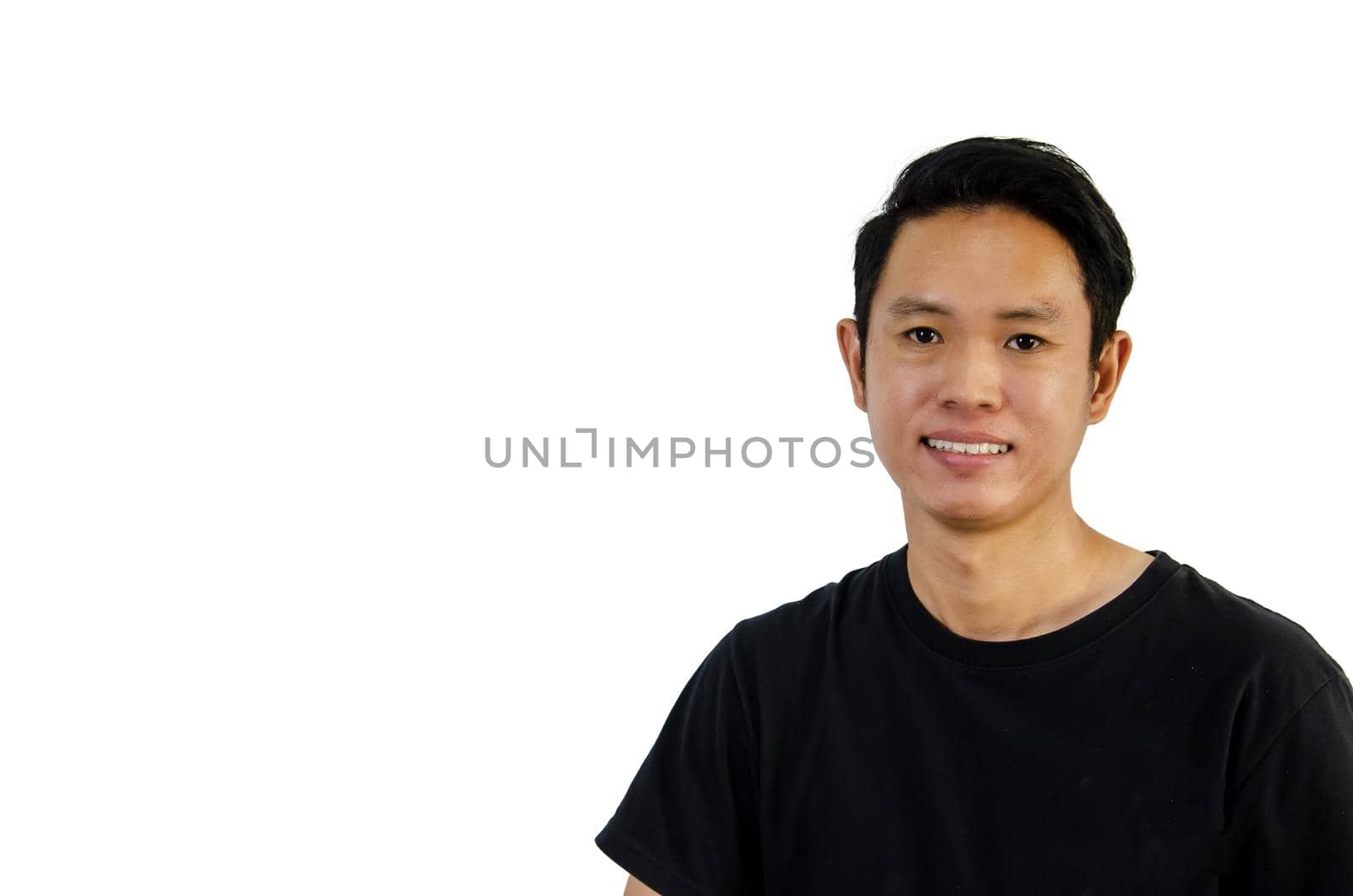 Asian man wearing black t-shirt smiling showing teeth on white background. by aoo3771