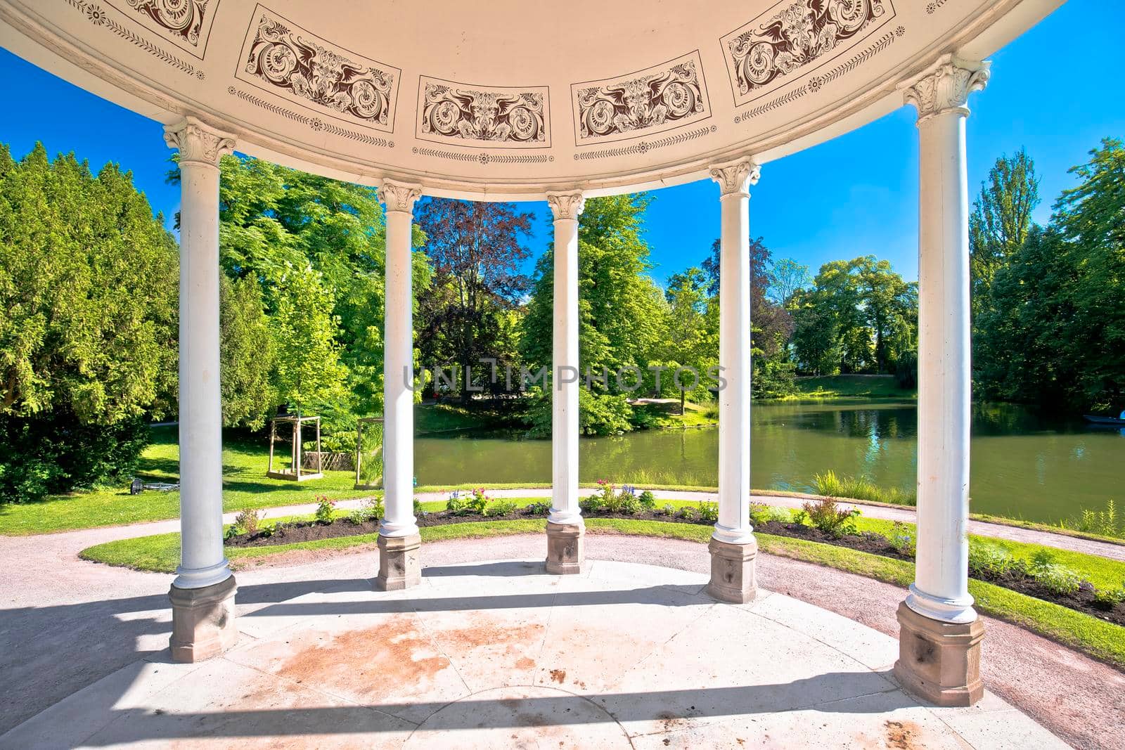 Parc de l Orangerie park in Strasbourg idyllic pavilion and green nature view, Alsace region of France