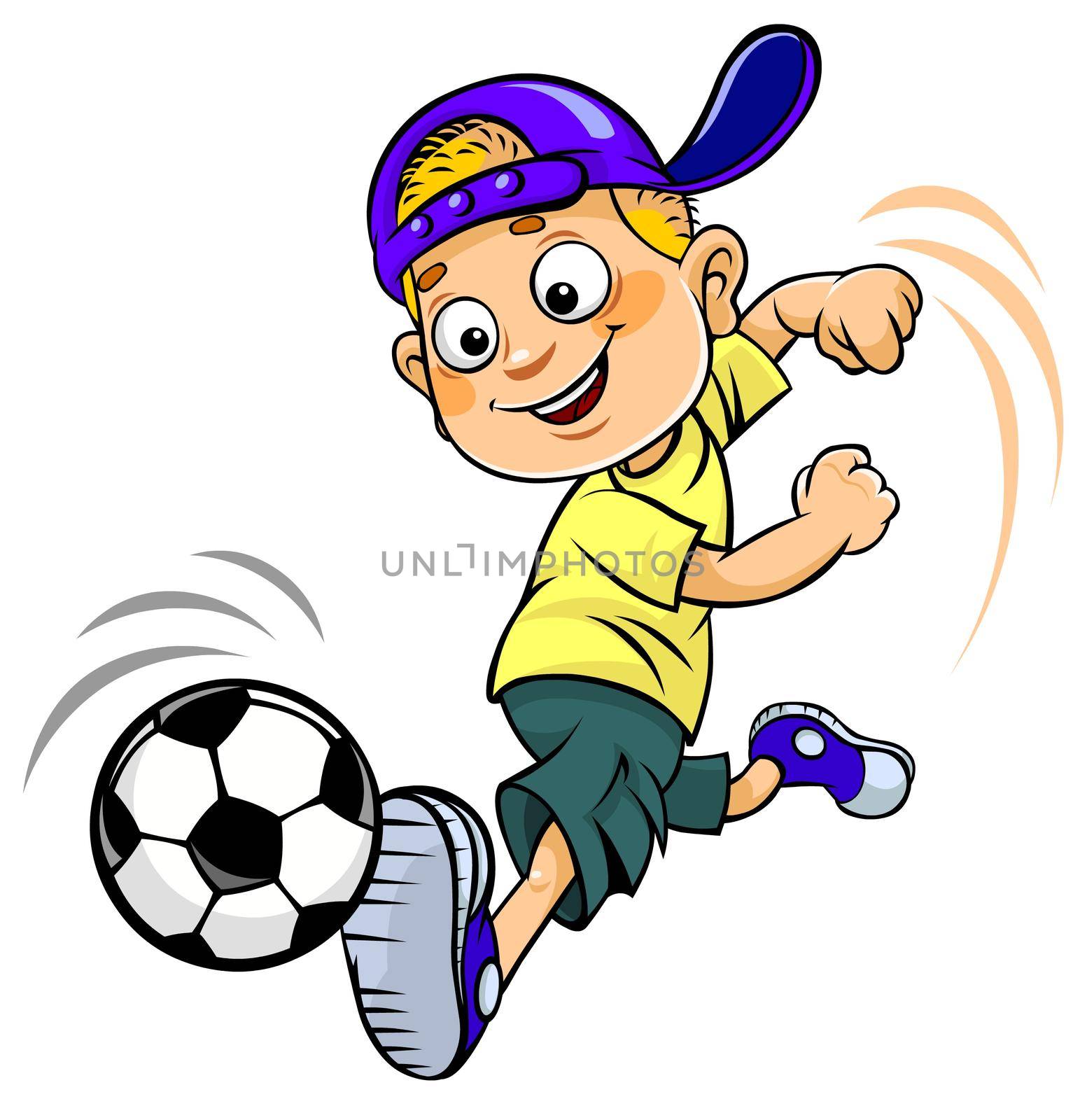 Color illustration of a cartoon smiling schoolboy playing soccer