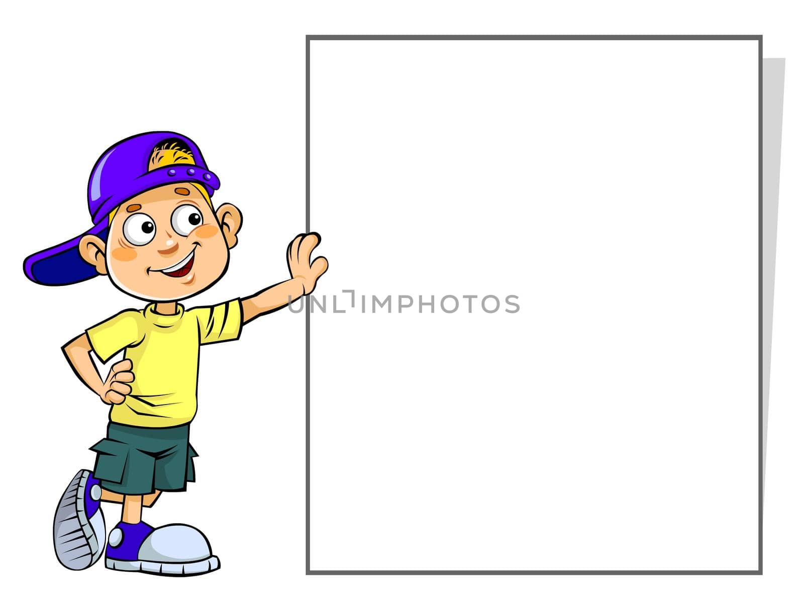 A color illustration of a cartoon boy holding Blank Sign.