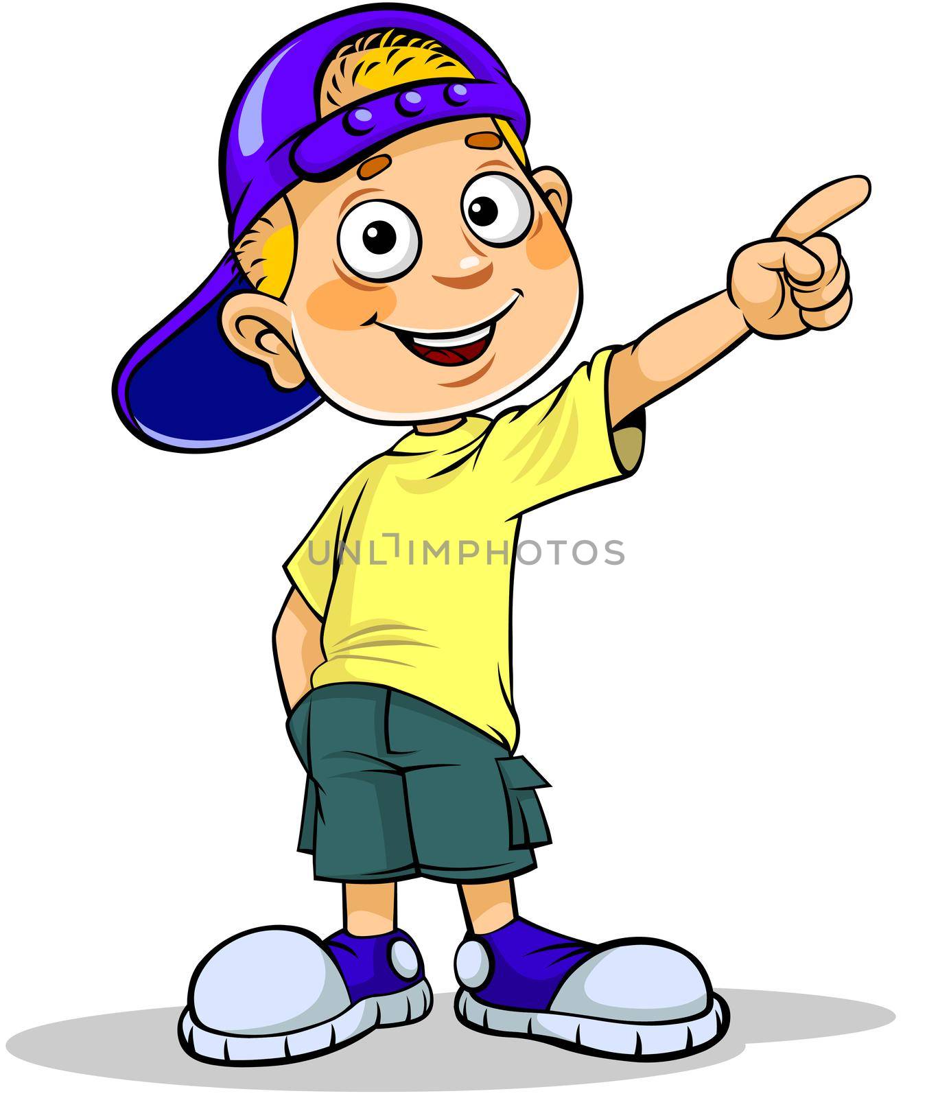 A color illustration of a cartoon smiling Boy pointing to the side