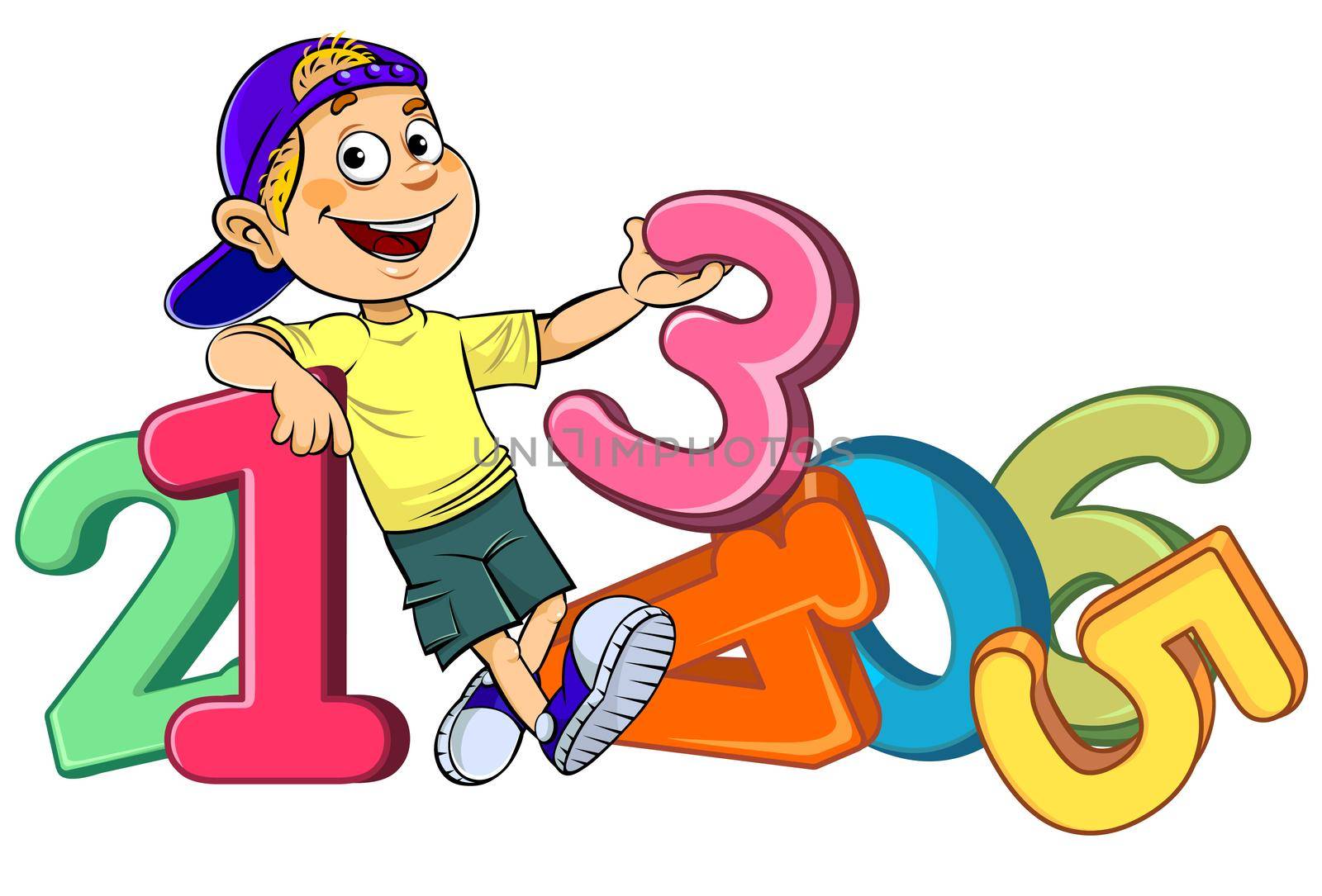 Color vector illustration of a cartoon schoolboy with the numbers