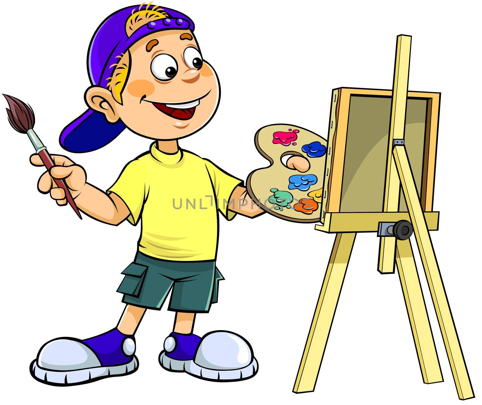A color illustration of a cartoon smiling boy painting on canvas