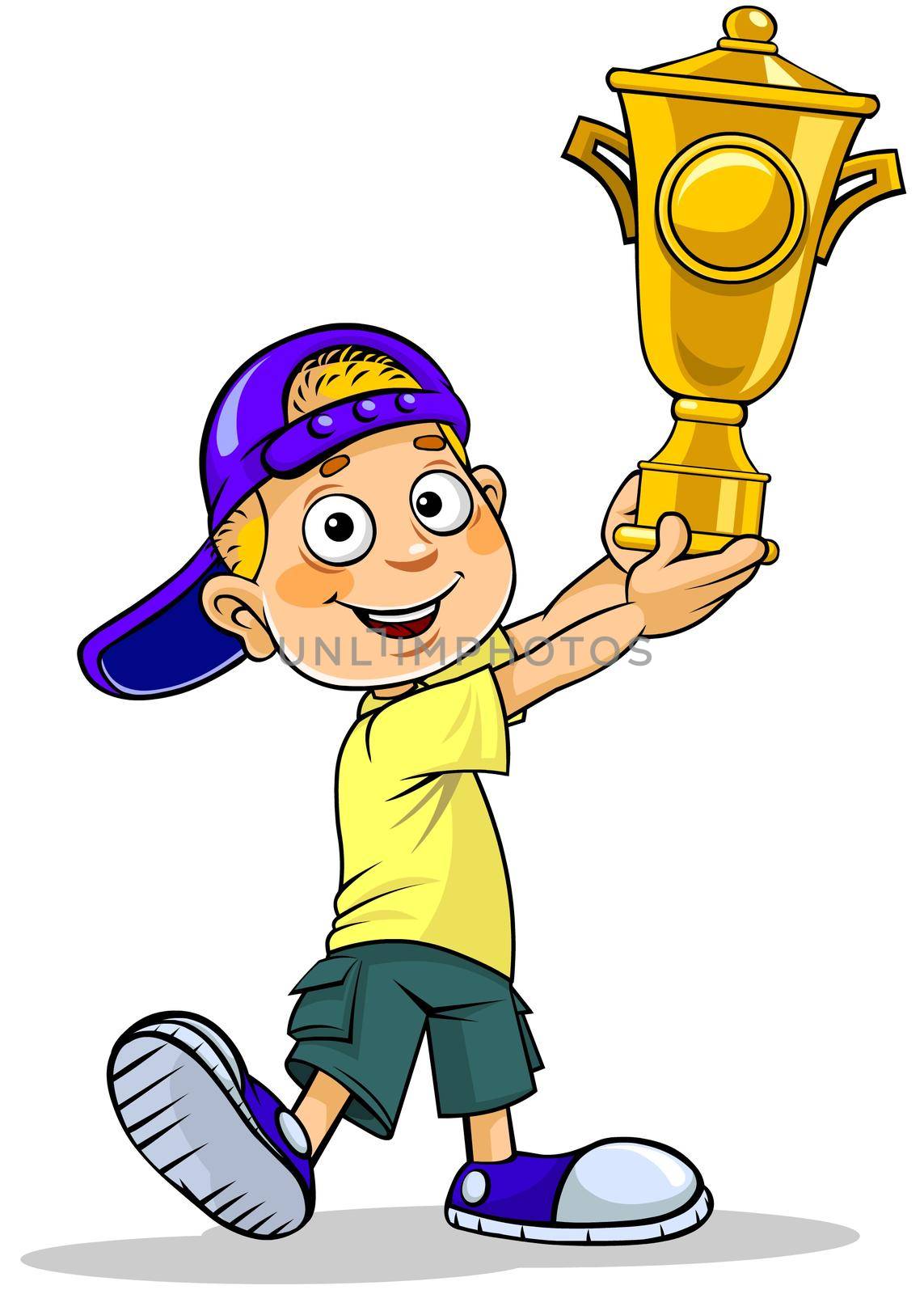 Color illustration of a cartoon schoolboy holding a trophy.