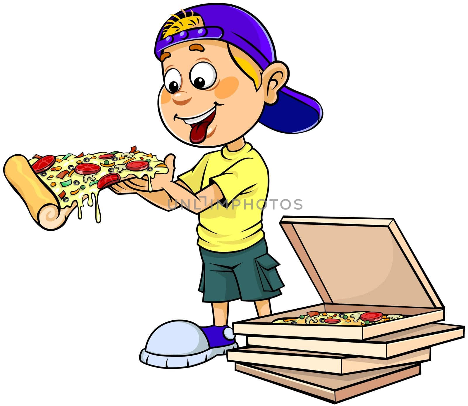 Color illustration of a cartoon boy eating pizza