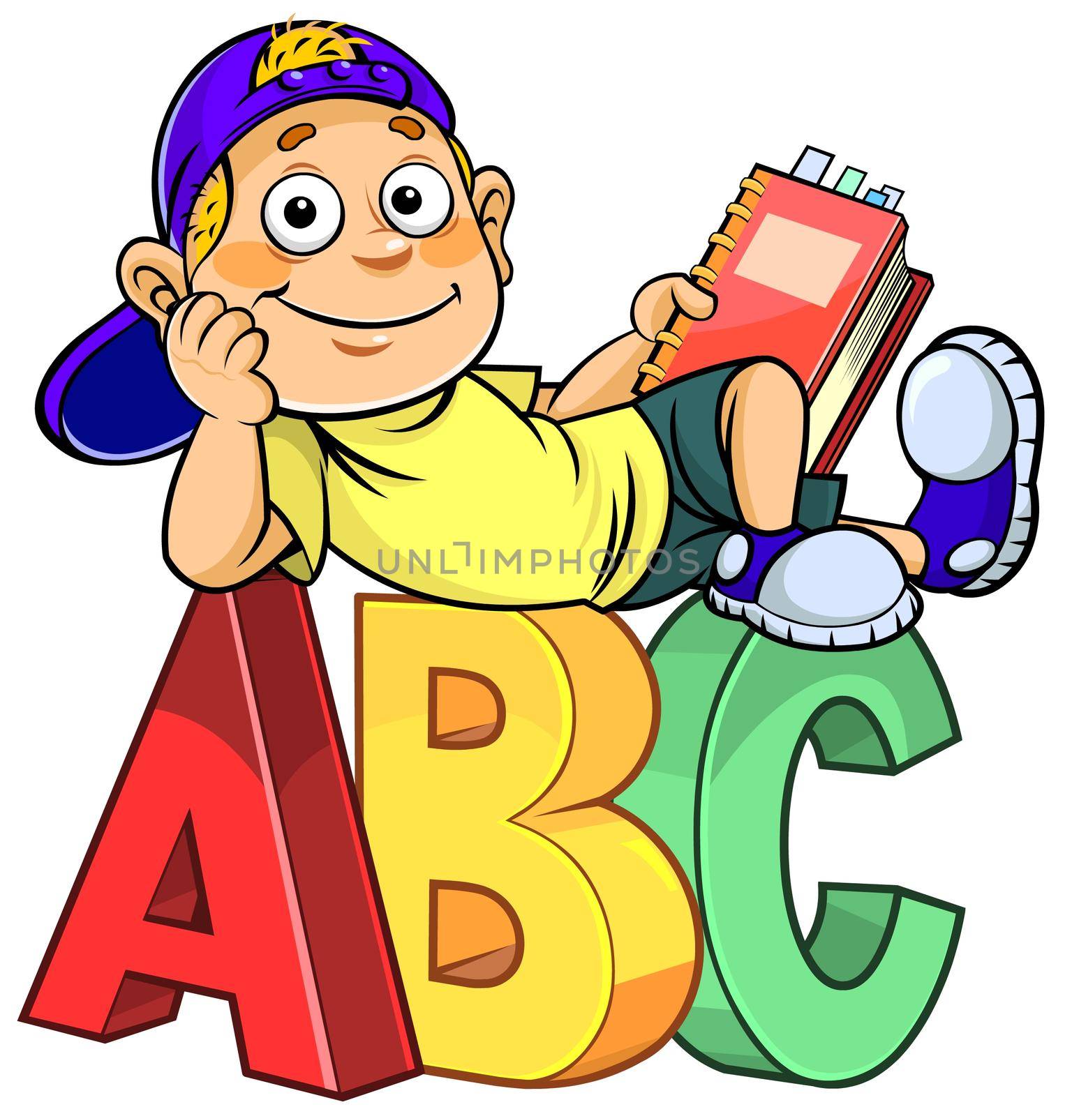 Cartoon schoolboy holding a book and sitting on ABC alphabet letters.