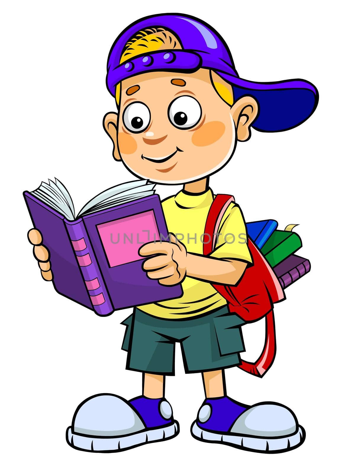 Color vector illustration of a cartoon schoolboy standing and reading a book.