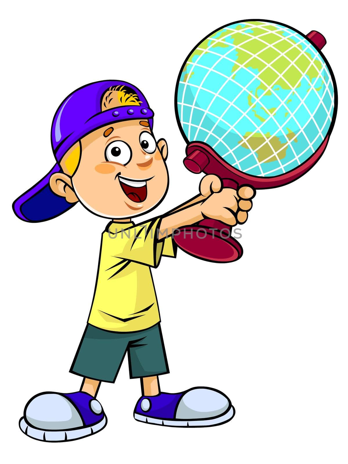 Color vector illustration of a smiling schoolboy holding the big globe.