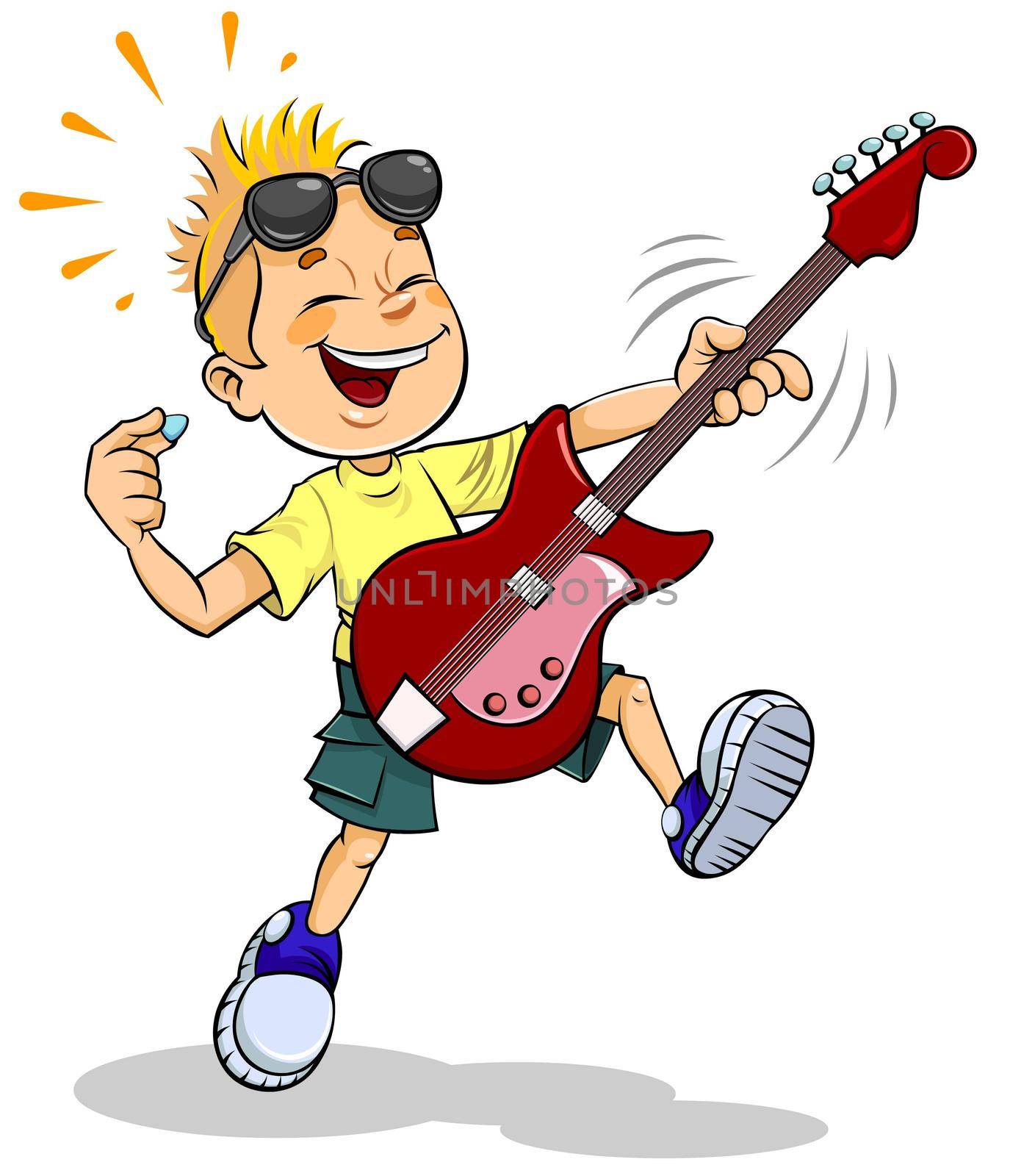 Color vector illustration of cartoon little boy playing rock music on the guitar