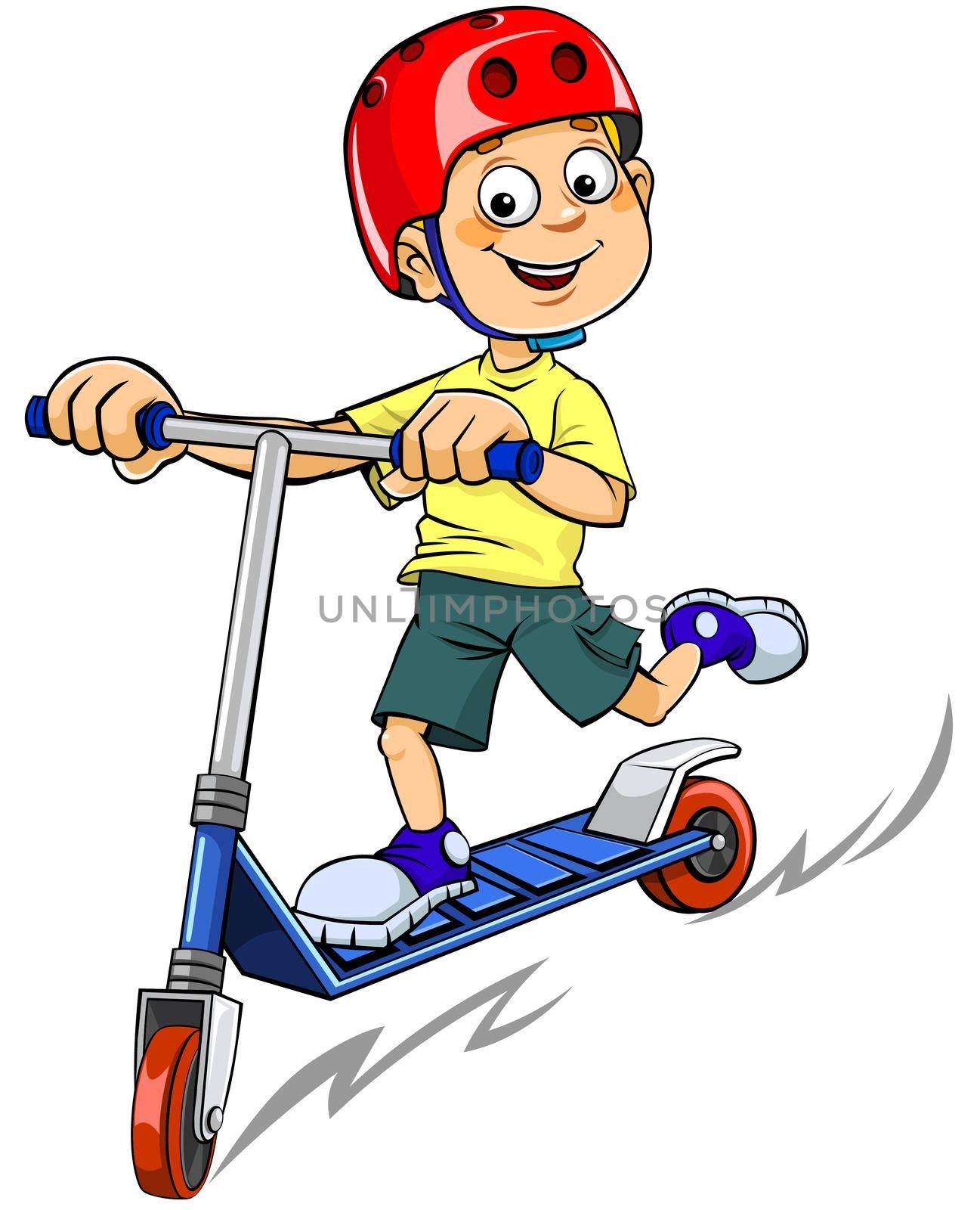 Color vector illustration of a cartoon smiling boy riding a scooter