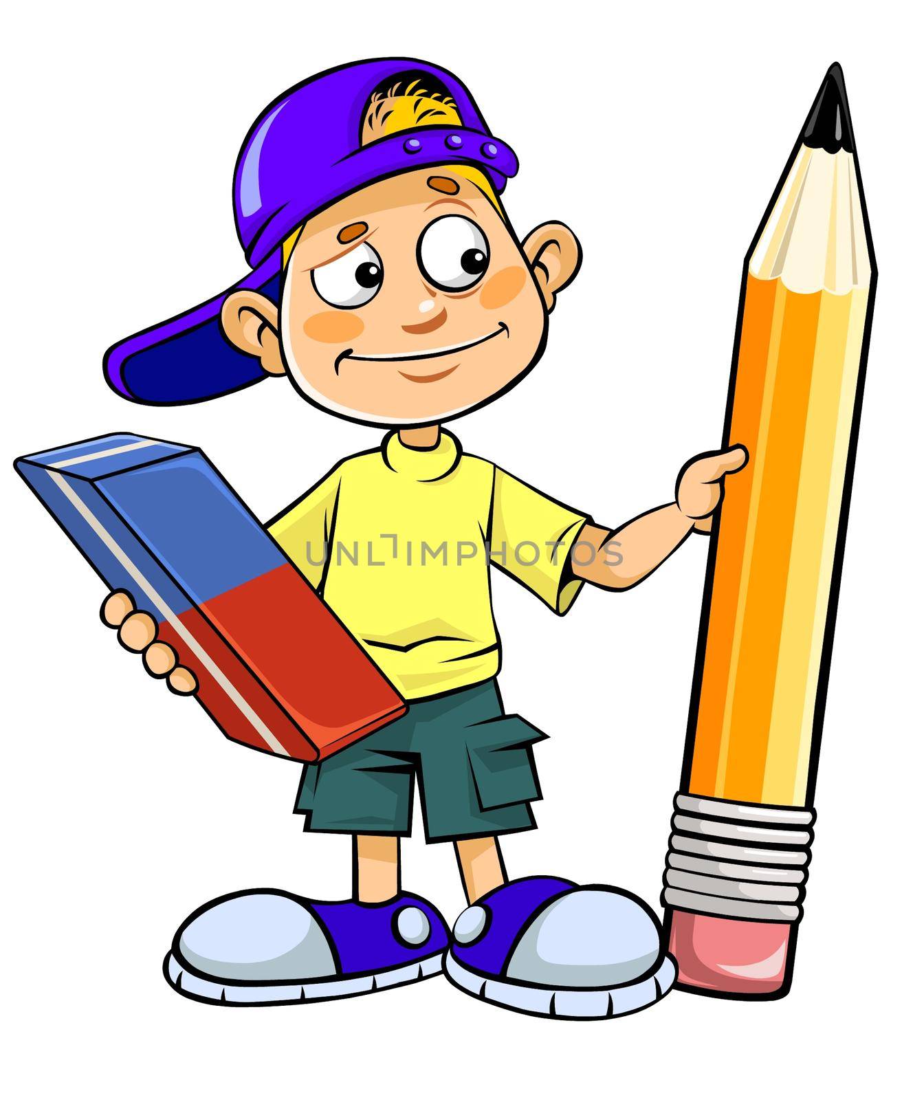 Color vector illustration of a cartoon schoolboy holding big pencil and eraser