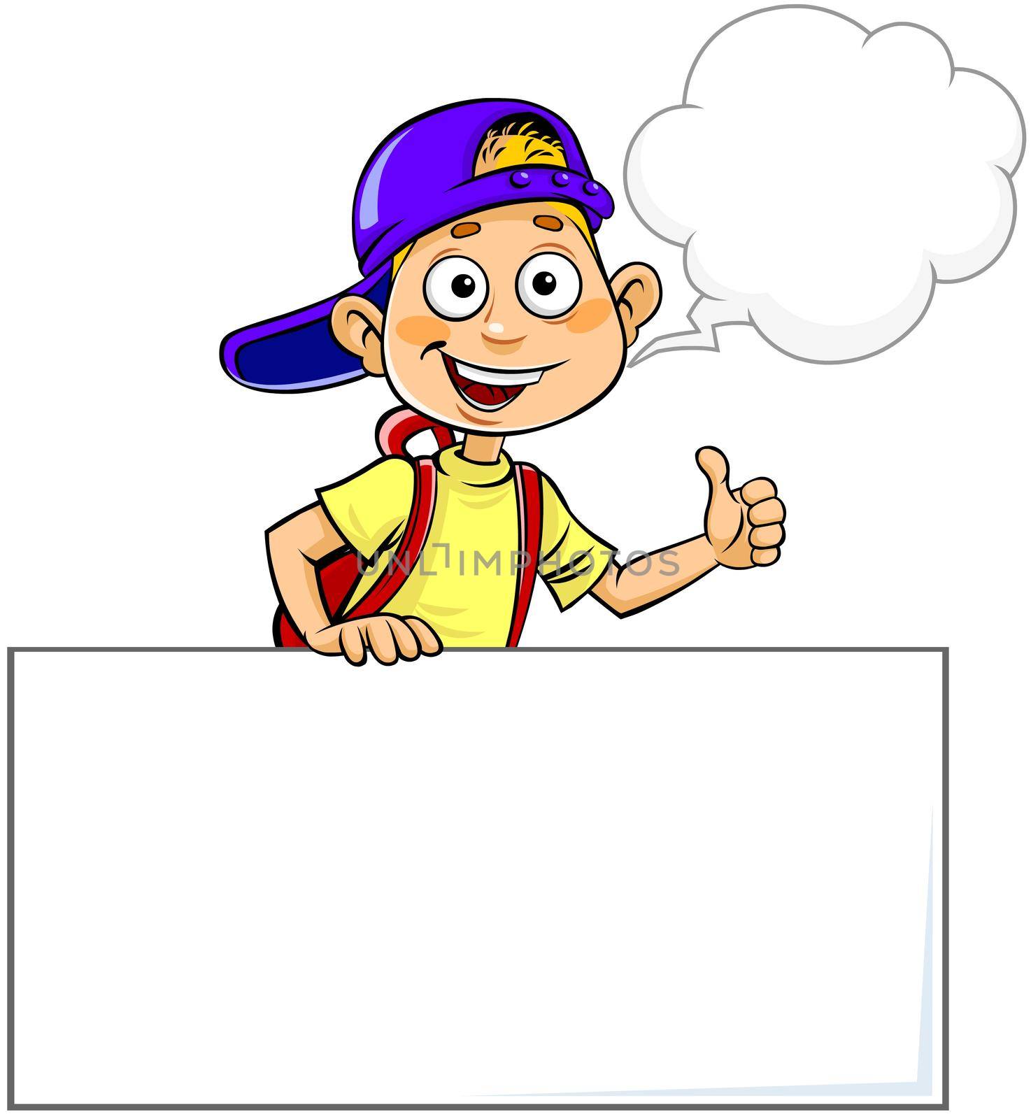 Color vector illustration of a cartoon schoolboy gesturing Thumb Up and speaking with speech bubble