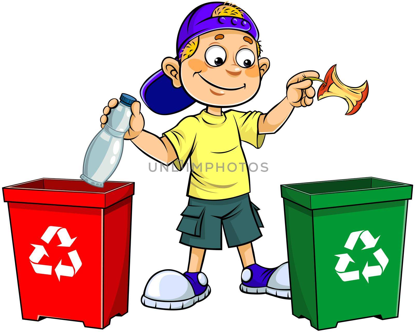 Colour vector illustration of a cartoon smiling boy Throwing Garbage In Trash Bin.