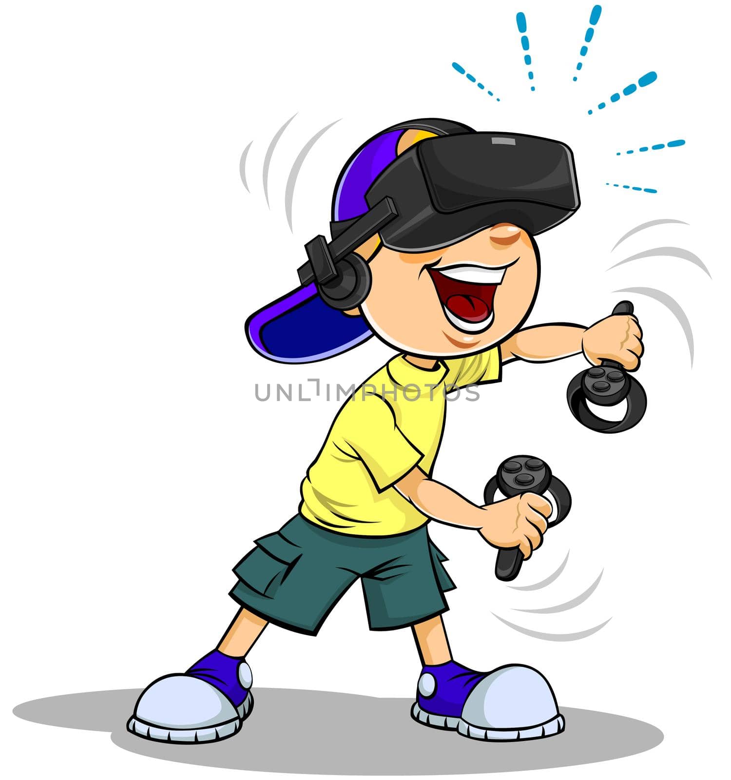 Vector color illustration of a cartoon schoolboy using virtual reality glasses.