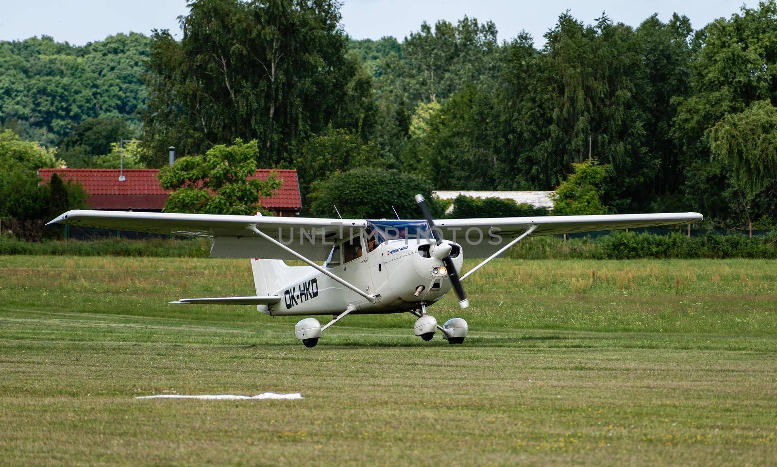 Breclav, Czech Republic - July 02, 2022 Aviation Day. Cessna 172N light recreational aircraft during take-off at Breclav Airport