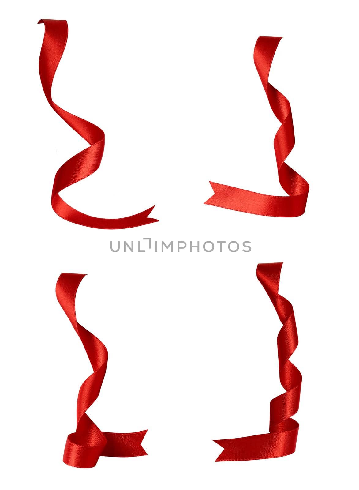 collection of various red ribbon pieces on white background. each one is shot separately