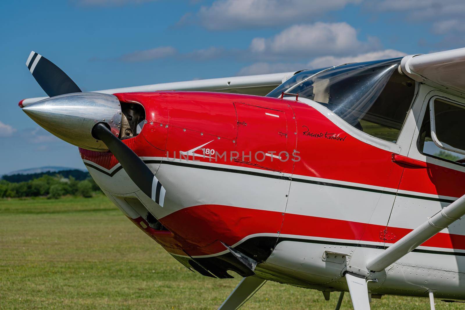 Breclav, Czech Republic - July 02, 2022 Aviation Day. Cessna 180 Skywagon detail of the front of the aircraft