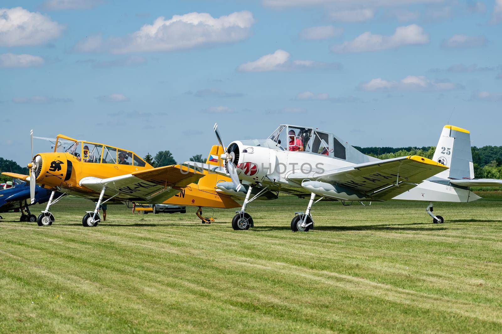 Breclav, Czech Republic - July 02, 2022 Aviation Day. Two Zlin Z-37A-2 Bumblebee aircraft used in agriculture