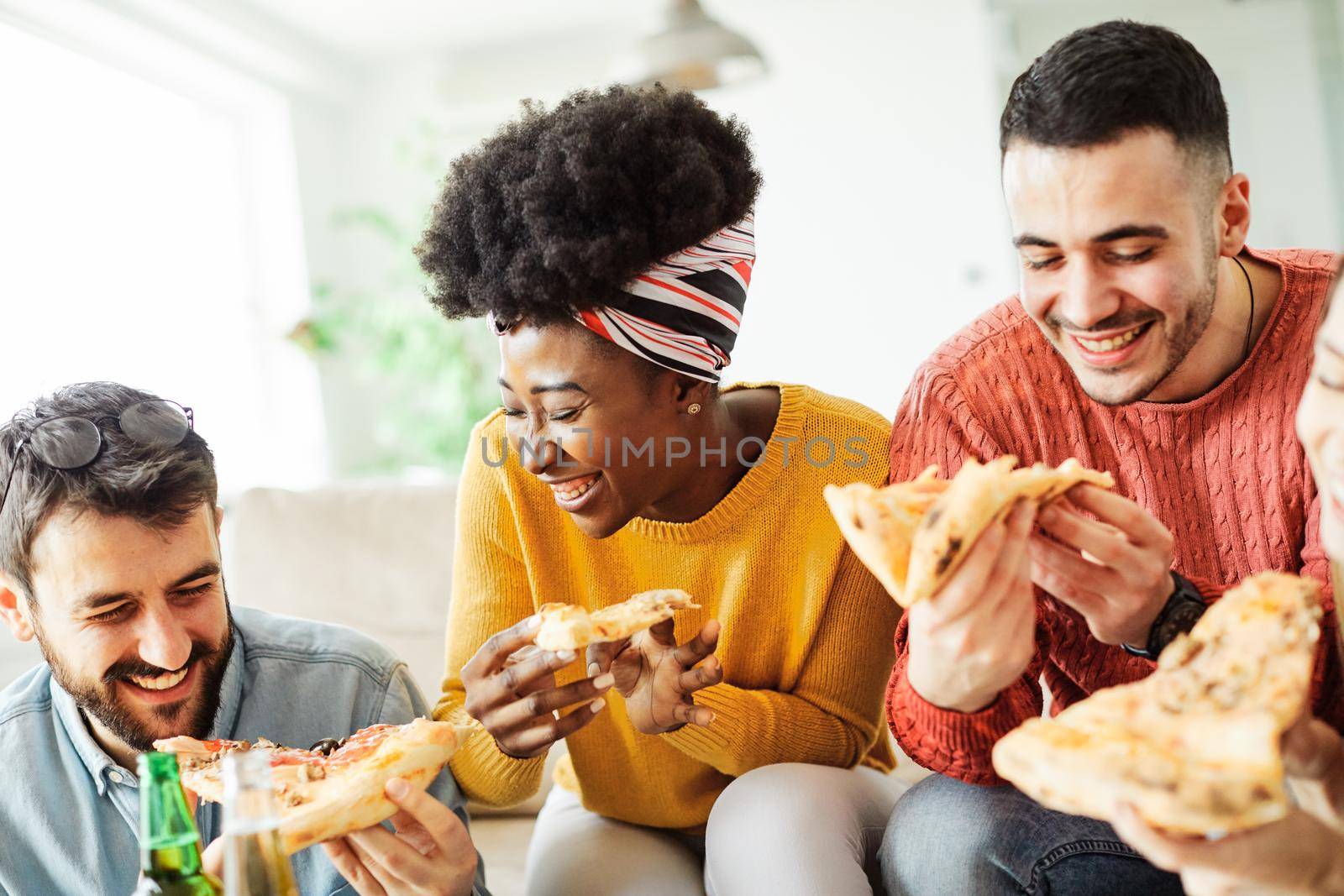 party pizza beer young people friend having fun friendship group man woman happy together youth food by Picsfive