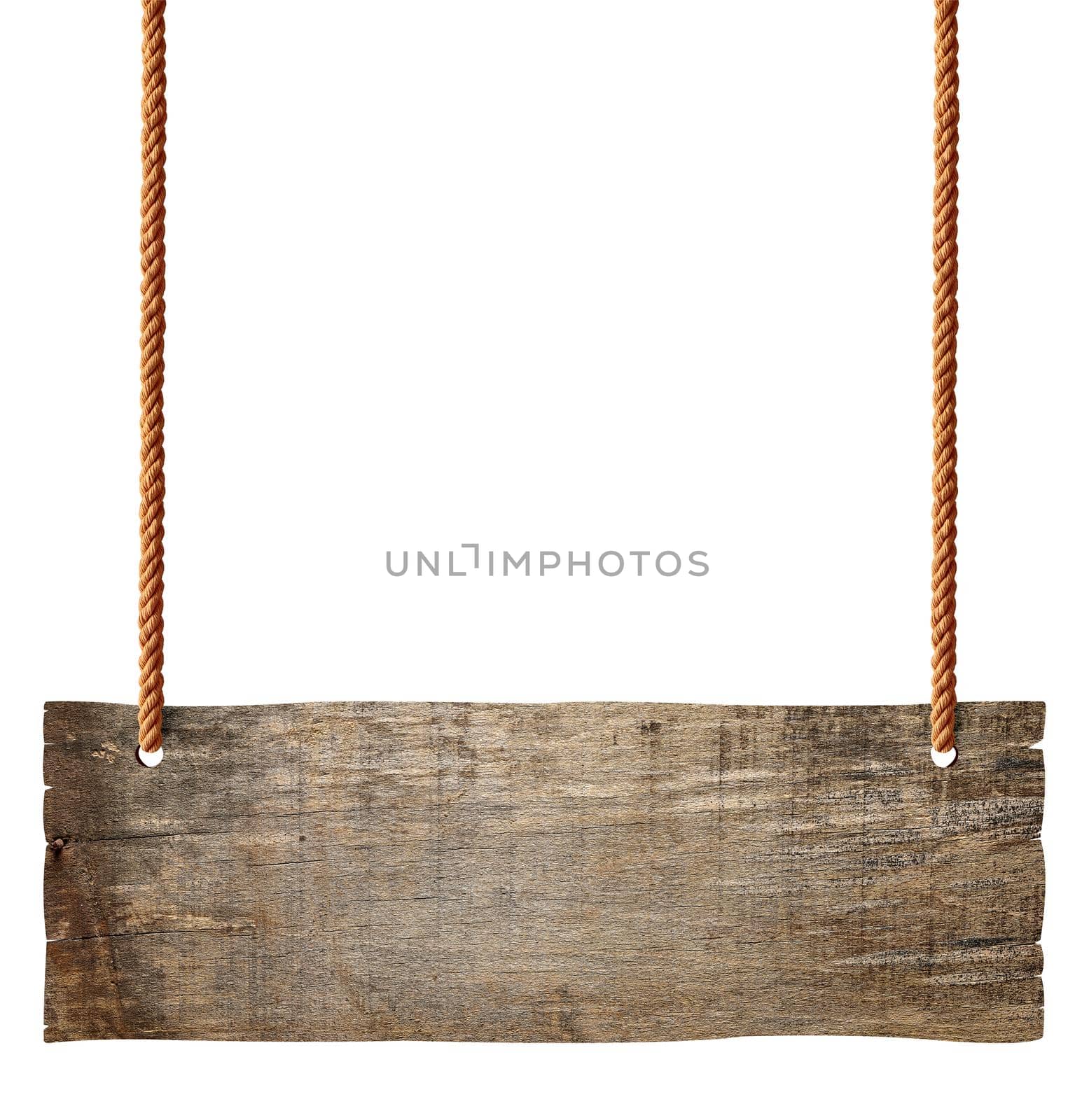 wooden blank sign hanging with chain and rope on white background