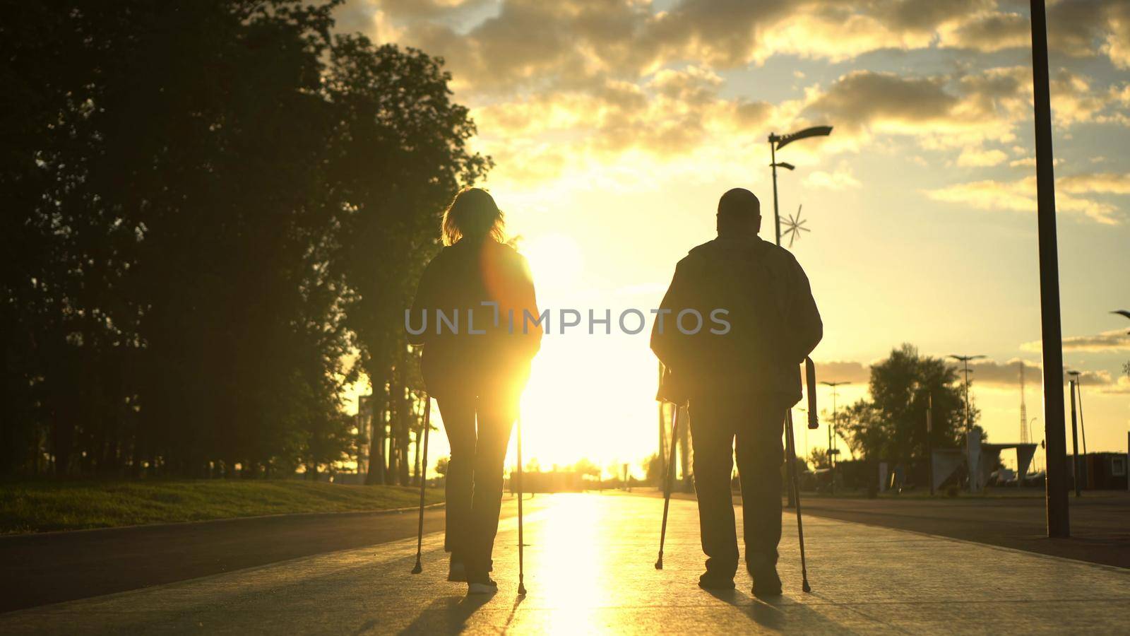 An elderly couple is engaged in Nordic walking in the park going into the sunset. A man and a woman walk with sticks to improve health. 4k
