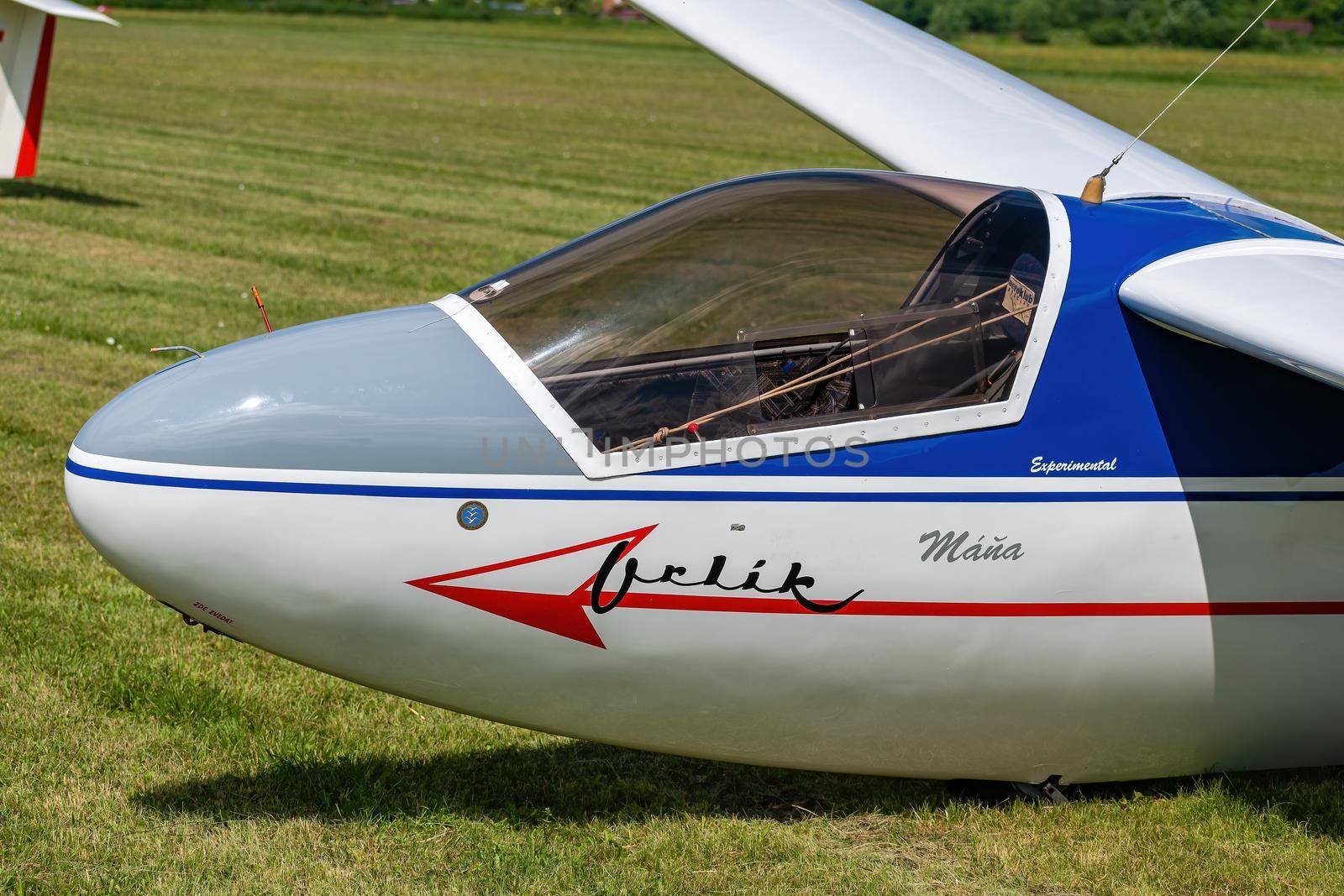 Breclav, Czech Republic - July 02, 2022 Aviation Day. Orlik light glider, a non-motorized aircraft front of the aircraft