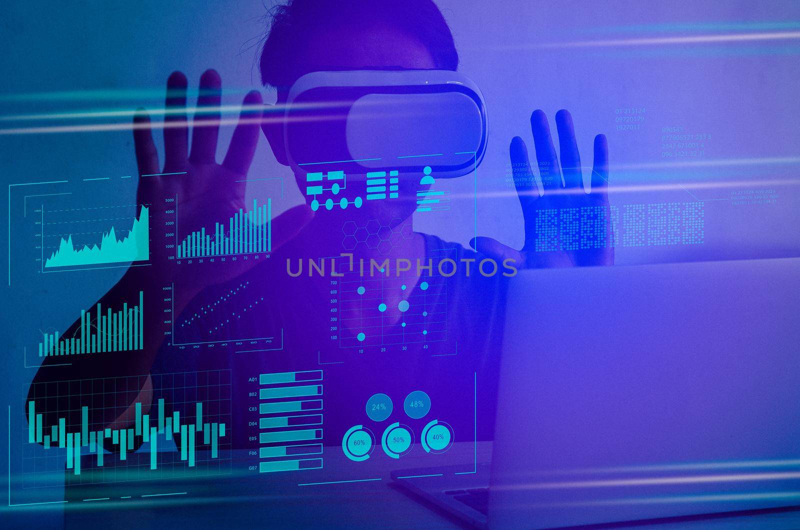 man wearing VR glasses touch virtual screen metaverse technology global internet connection virtual social network.