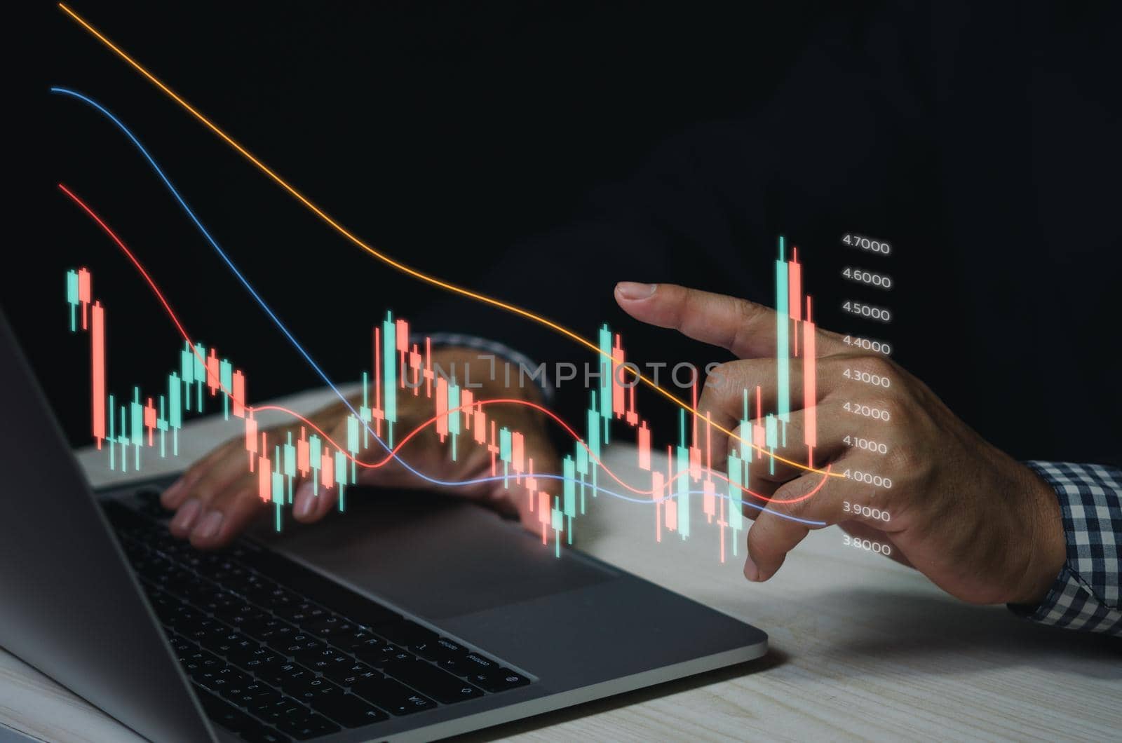 Finance and business investment concept. Stock and crypto investment funds.Businessman analyzing or trading Forex graphs of financial data candlestick chart.