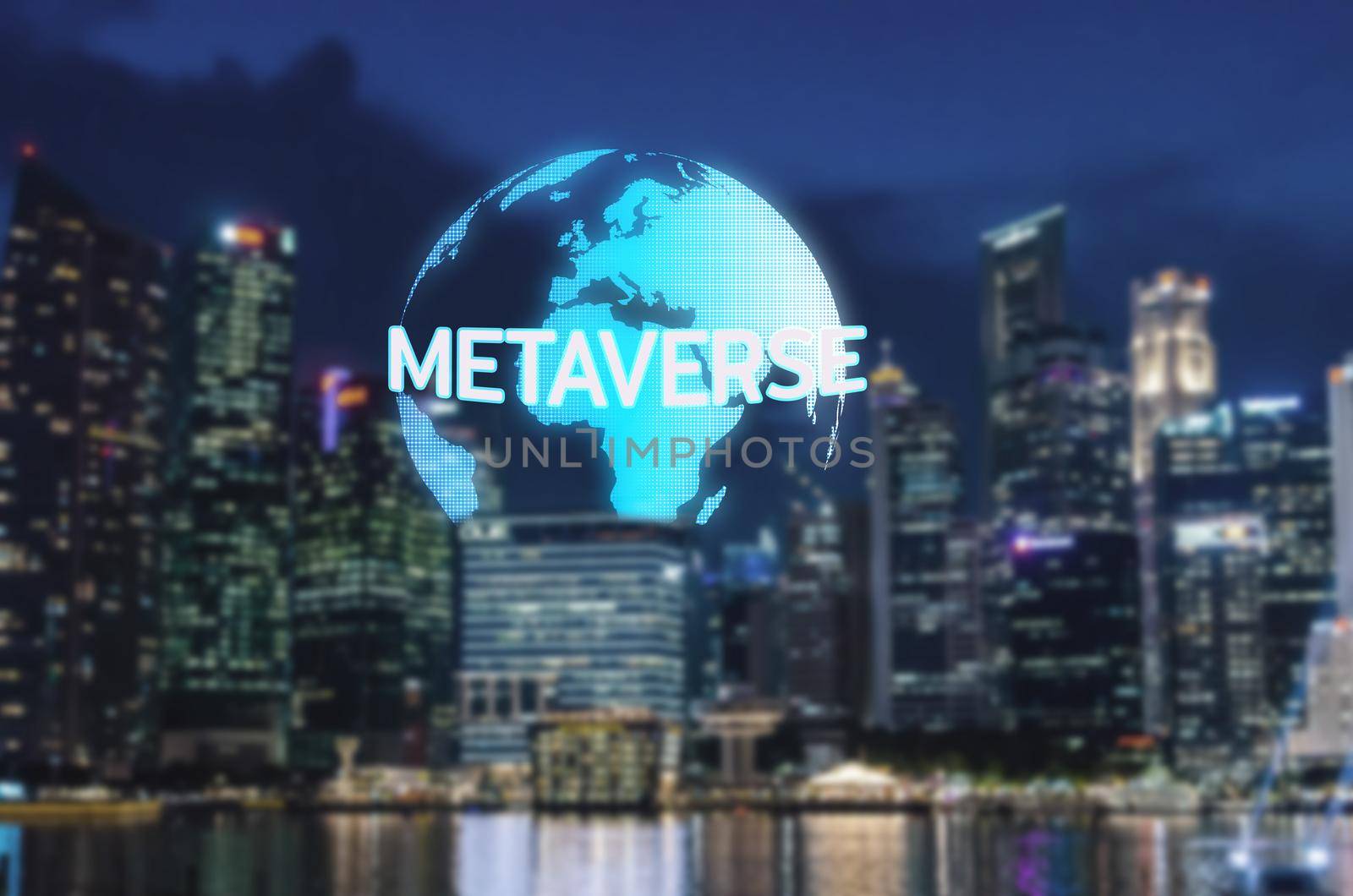 Globe and Metaverse text and office buildings. The concept of modern technology Metaverse Ai on the Internet.