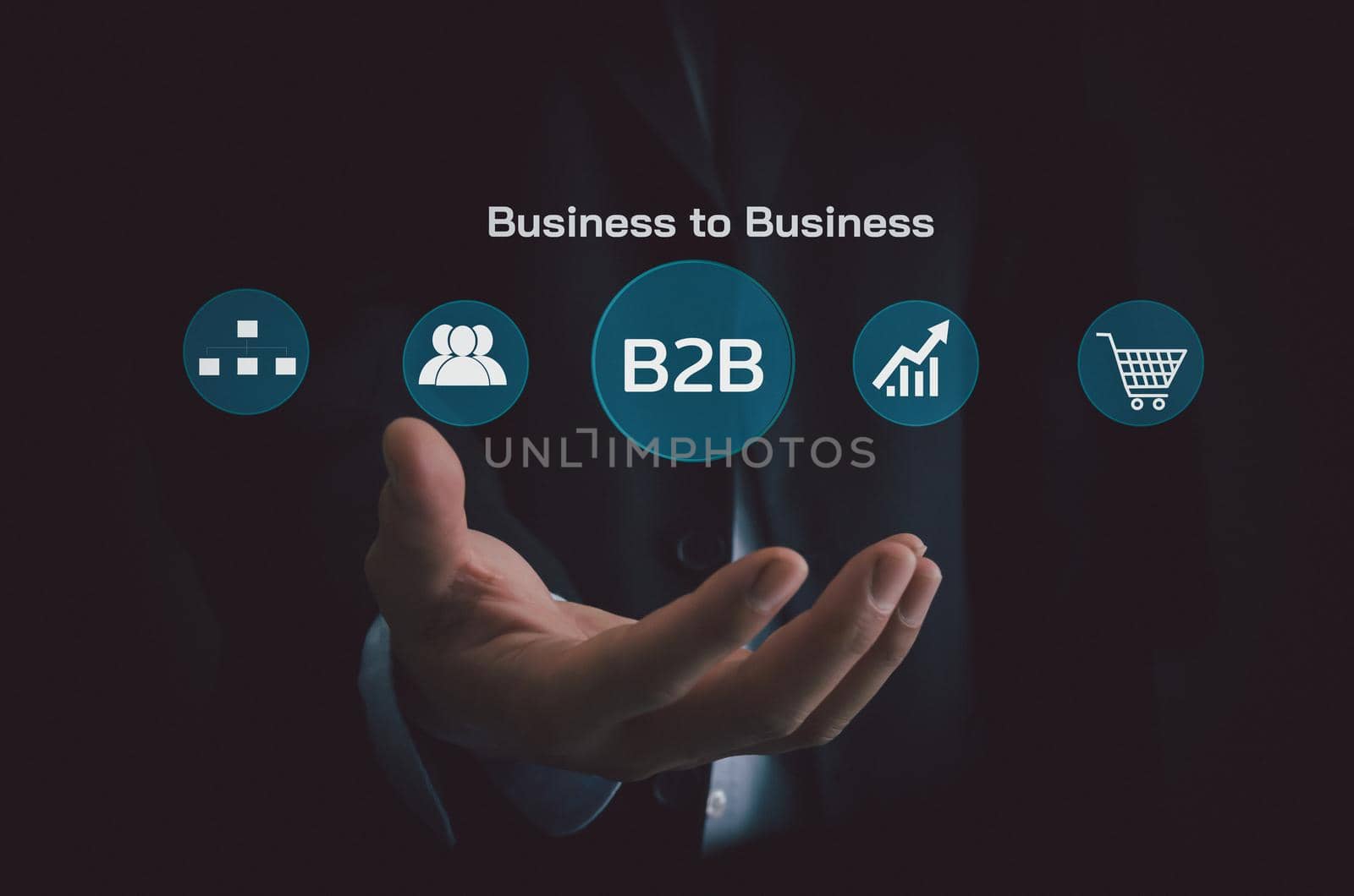 Hand businessman icon B2B Business to Business virtual screen Internet Business big data Technology Concept.