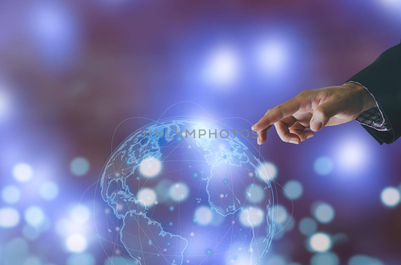 Businessman hand touching global network connecting the modern technology using the investment in the Internet network.