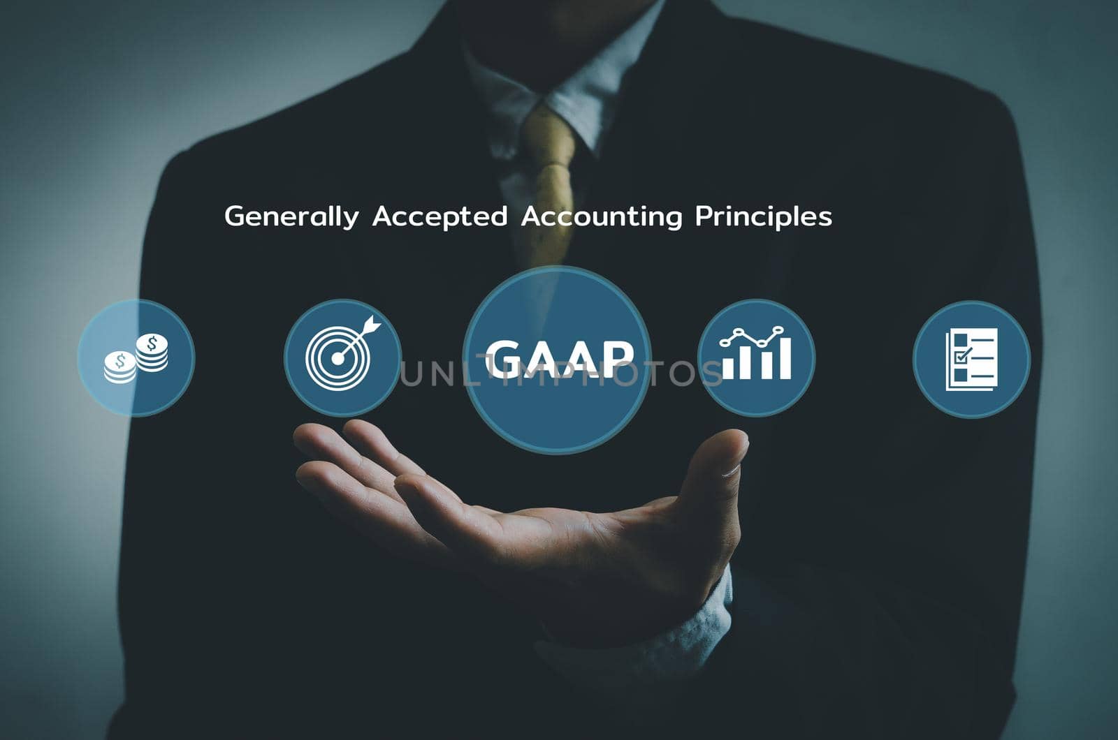 Hand businessman icon GAAP Generally Accepted Accounting Principles  virtual screen.Business financial Concept.