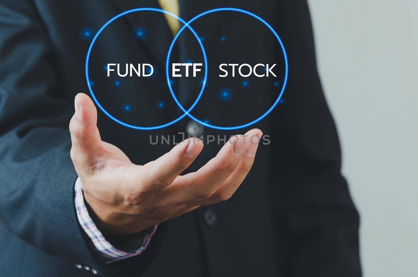 Hand businessman icon ETF Exchange Traded Fund virtual screen Internet Business stock market finance Index Fund Concept.  by aoo3771