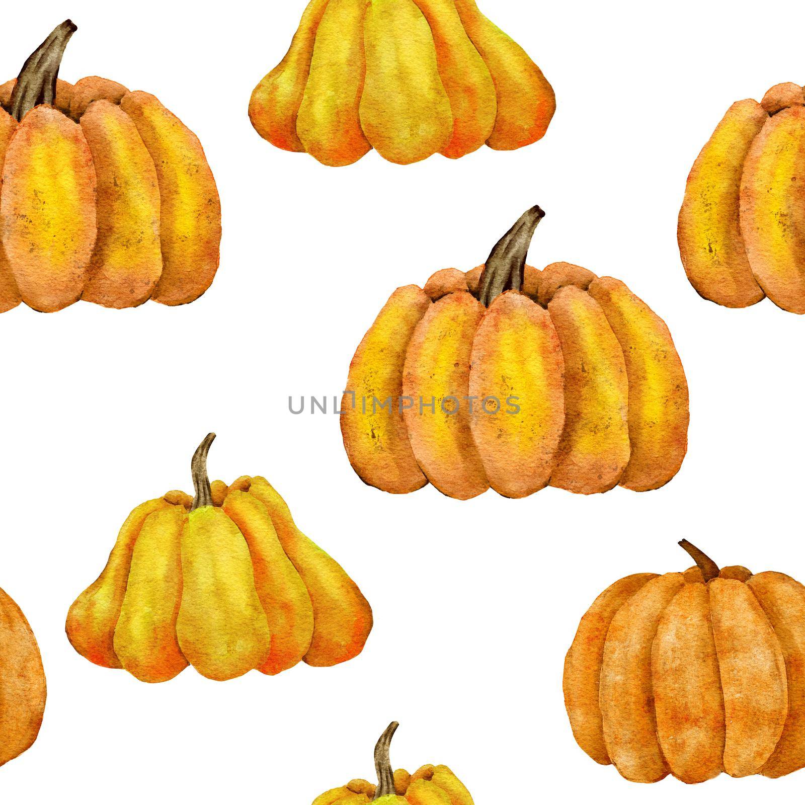 Watercolor hand drawn seamless pattern with yellow pumpkins and leaves, fall autumn background. Thanksgiving Halloween harvest farm cottage fabric print. by Lagmar