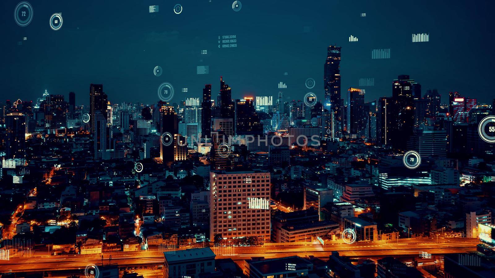 Business data analytic interface fly over smart city showing alteration future by biancoblue