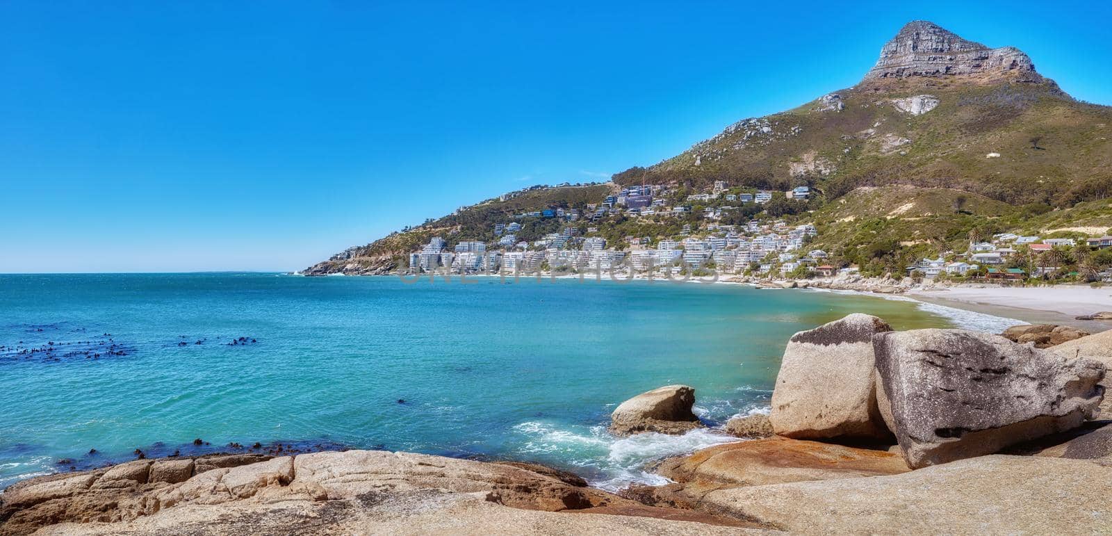 A mountain near a calm beach in South Africa. Scenic nature landscape of Lions Head near a peaceful sea on a sunny day with copy space in Cape Town. Exotic location for summer vacation and travel by YuriArcurs