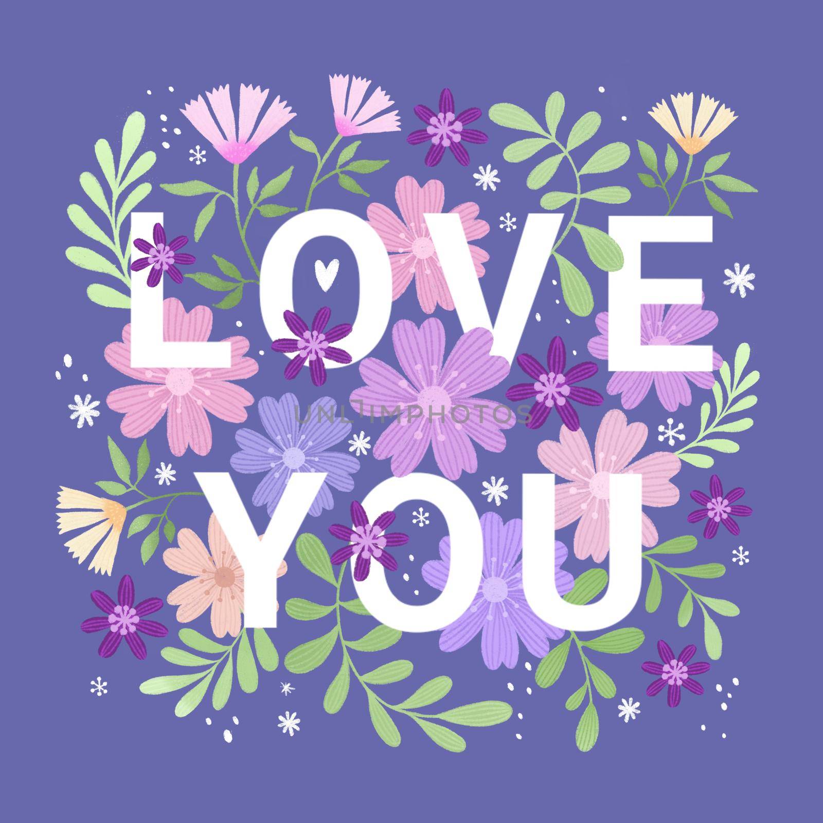 Poster square trendy floral design with the inscription LOVE YOU in very peri lavender colors. Perfect greeting card or invitation.