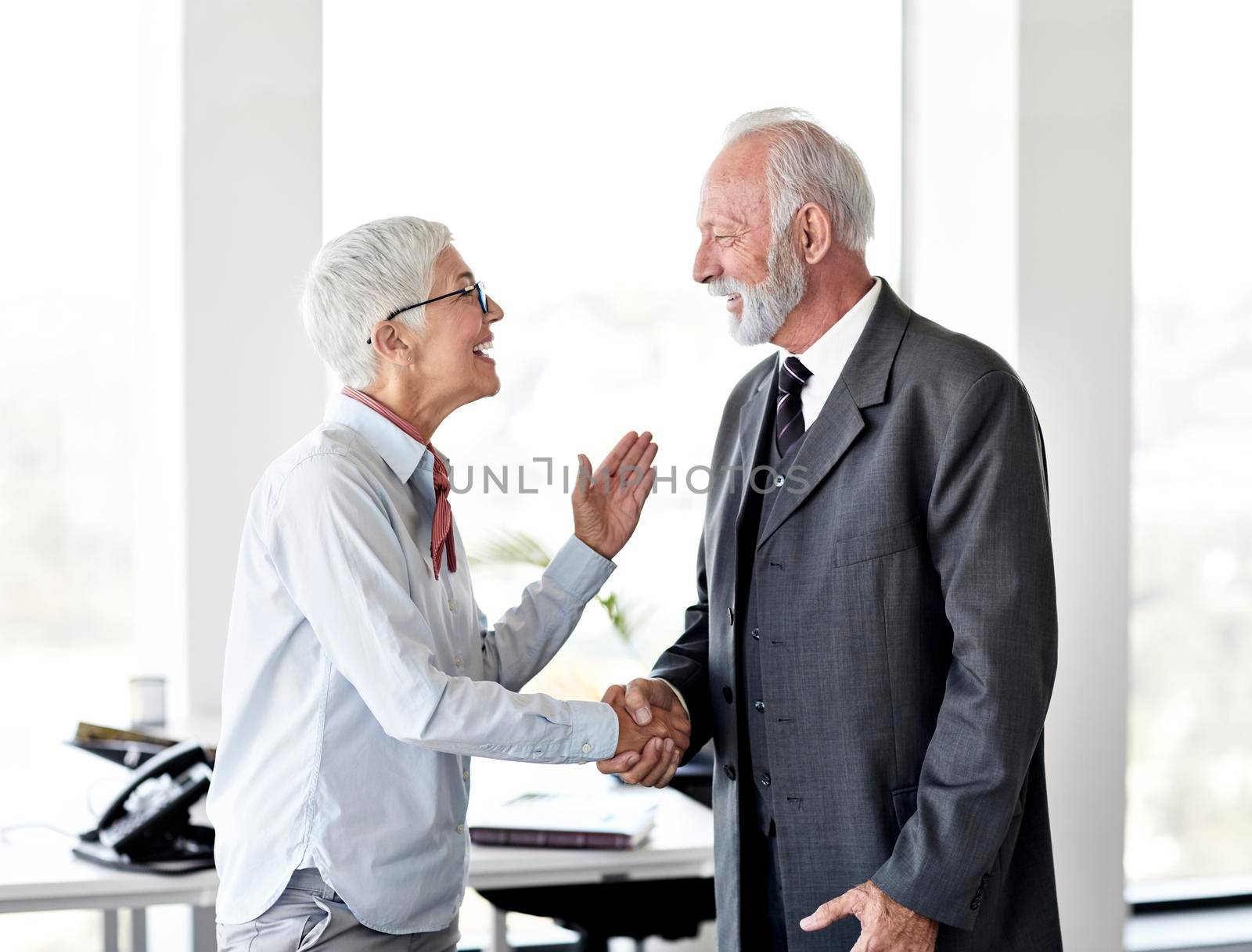 portrait of a senior beautiful businesswoman and businessman shaking hands introducing each other in the office